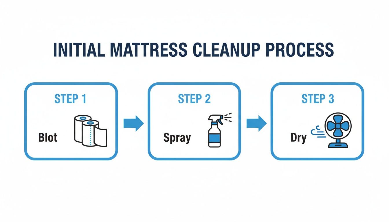 A diagram illustrates the initial three-step mattress cleanup process: blot, spray, and dry.