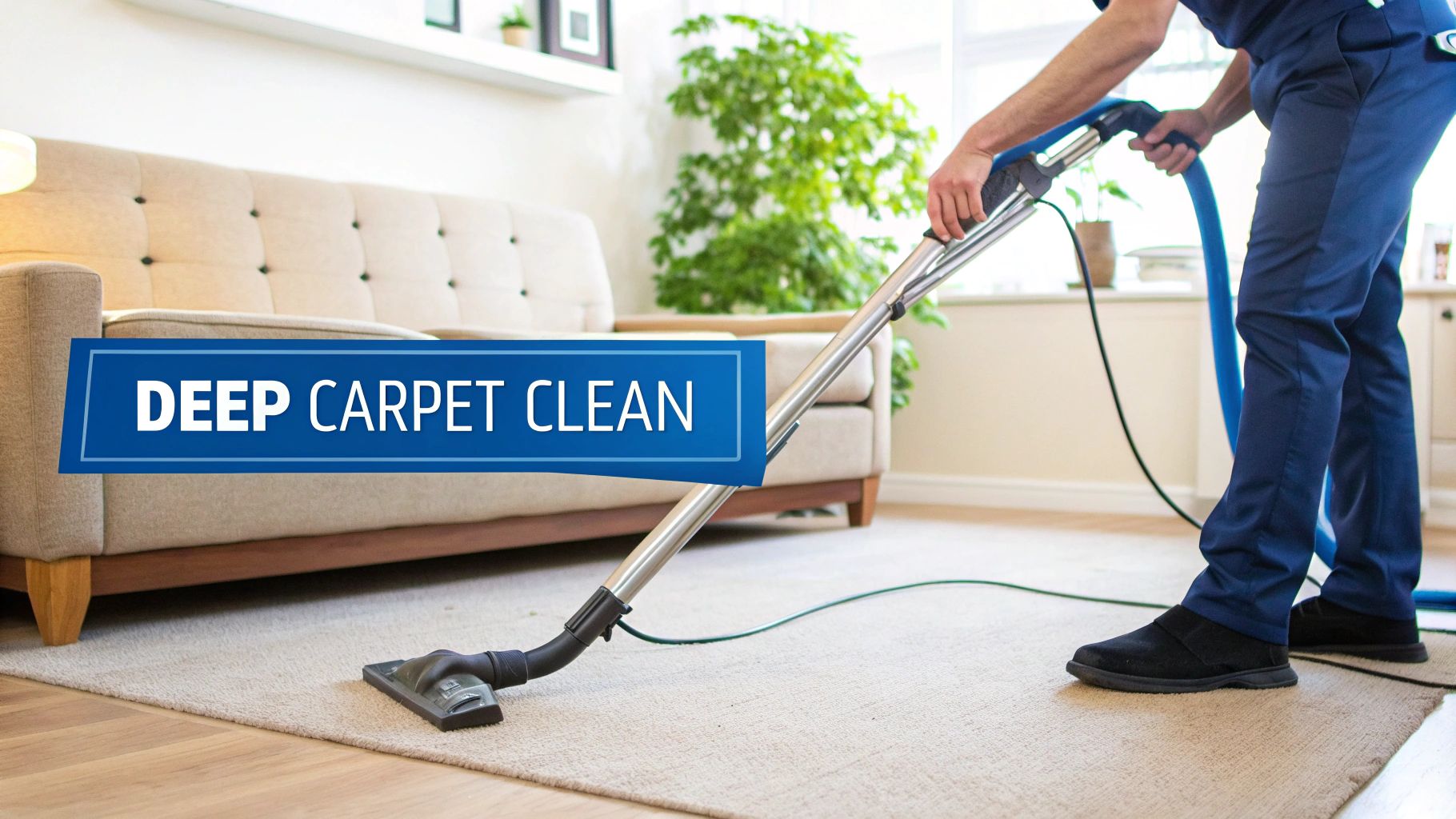 A professional cleaner using a hot water extraction wand on a light-coloured residential carpet.