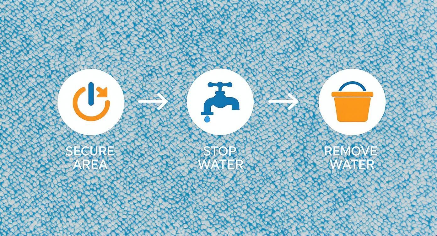 Three-step process showing securing area, stopping water, and removing water on a textured blue background.