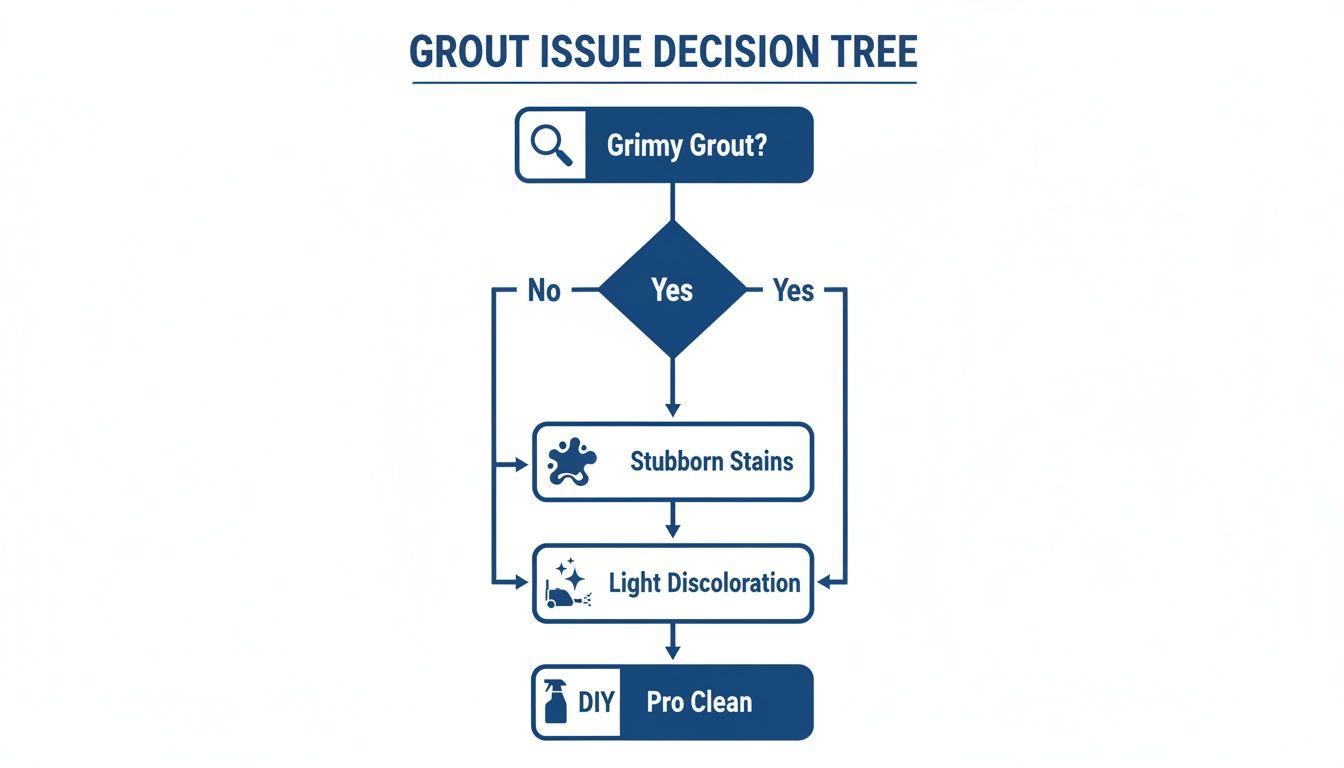 Grout issue decision tree flowchart guiding through griminess, stubborn stains, and discoloration for DIY or professional cleaning.