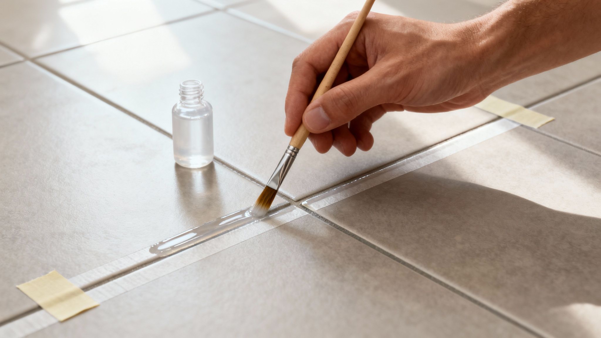 A person's hand applies a clear sealant to tile grout lines with a paintbrush.