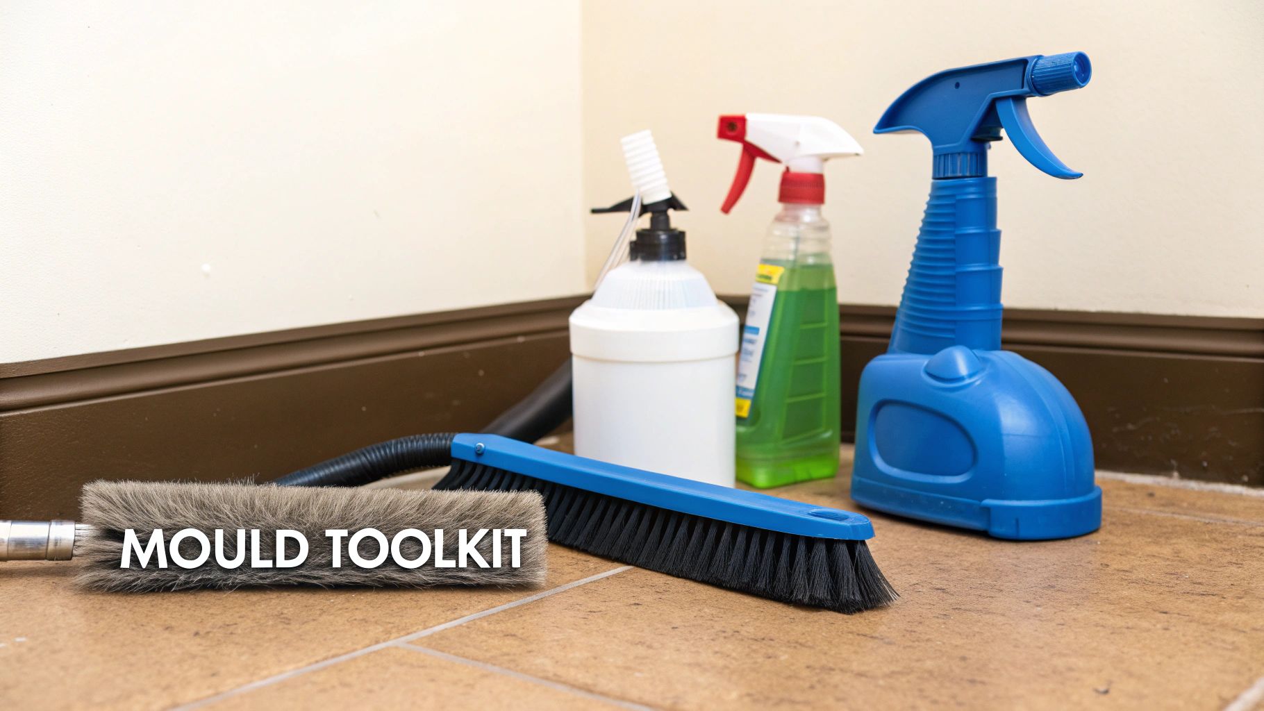 A collection of mould removal tools on a wooden floor, including a spray bottle with a natural cleaner, a stiff brush, baking soda, and a pair of gloves.