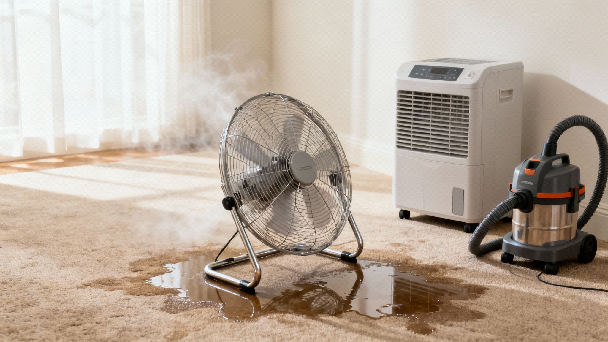 A metal fan blowing air onto a wet carpet, with a dehumidifier and wet/dry vacuum nearby.