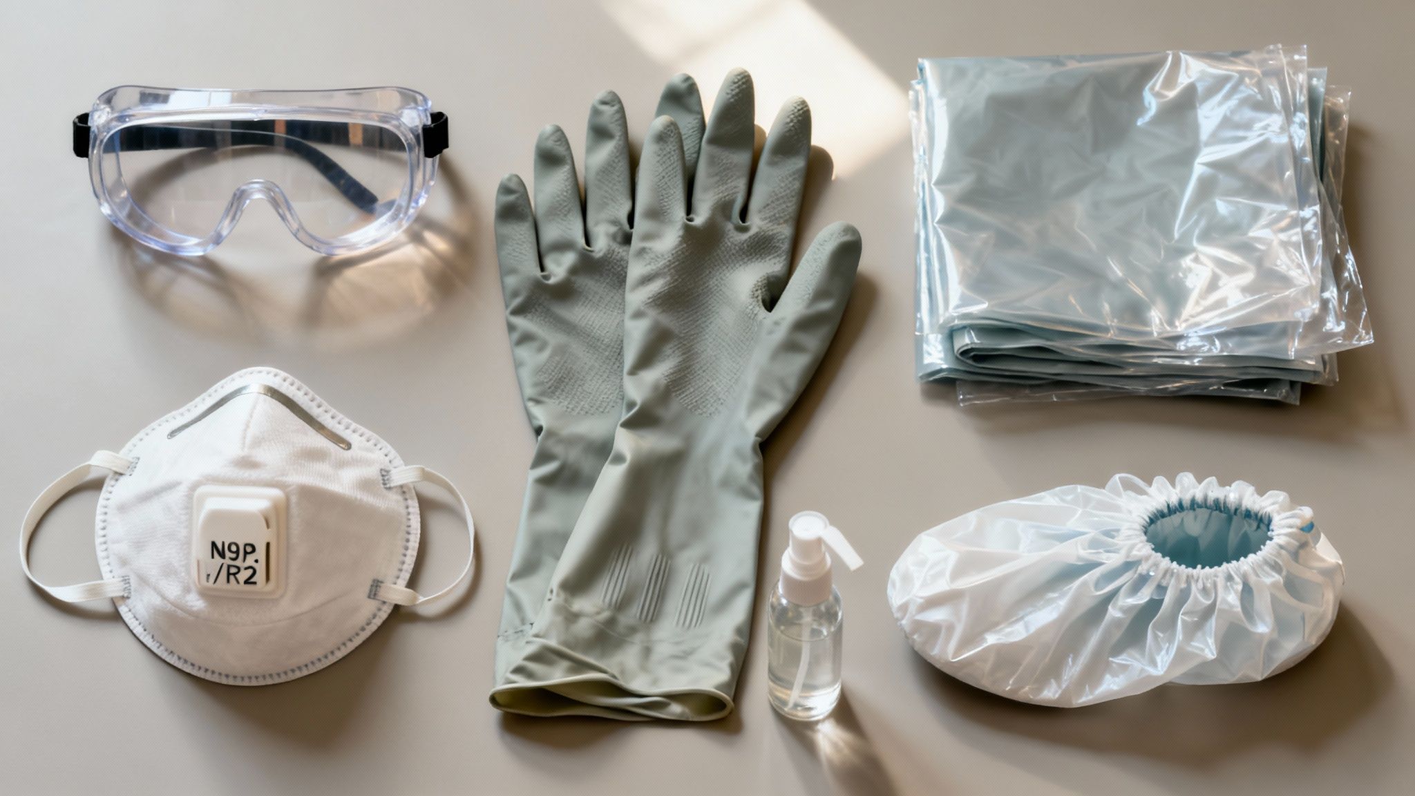 A collection of personal protective equipment, including a respirator mask, safety goggles, gloves, hand sanitizer, and disposable covers, laid out on a beige surface.