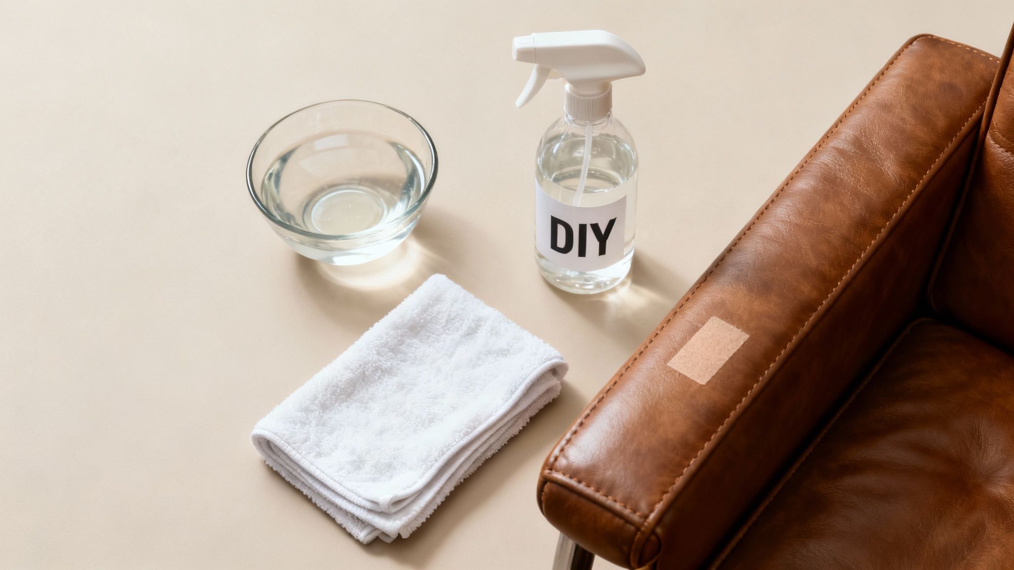 DIY leather cleaning supplies: water, spray bottle, and towel next to a brown armchair with a patch.