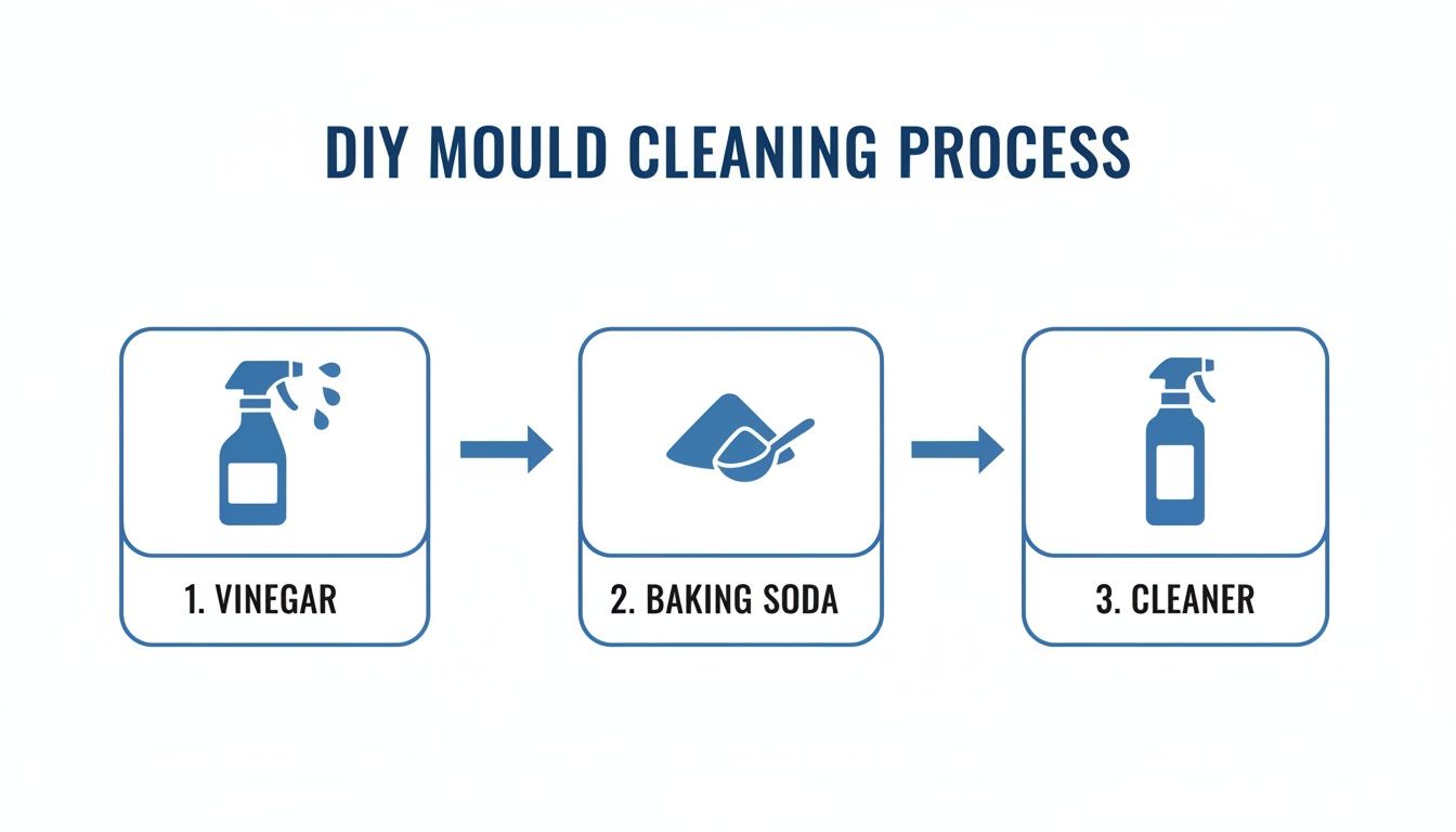 Infographic outlining a simple DIY mould cleaning process using vinegar, baking soda, and cleaner.