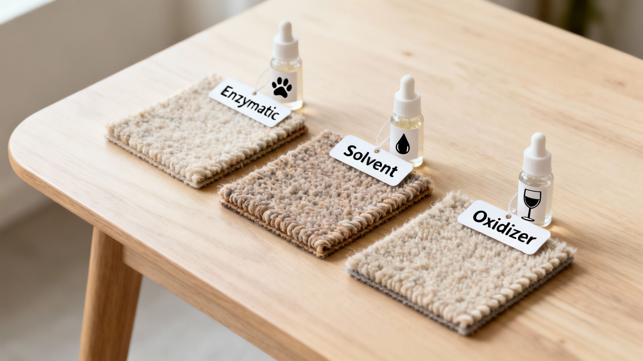 Three carpet samples on a wooden table, labeled 'Enzymatic', 'Solvent', and 'Oxidizer' with corresponding dropper bottles.