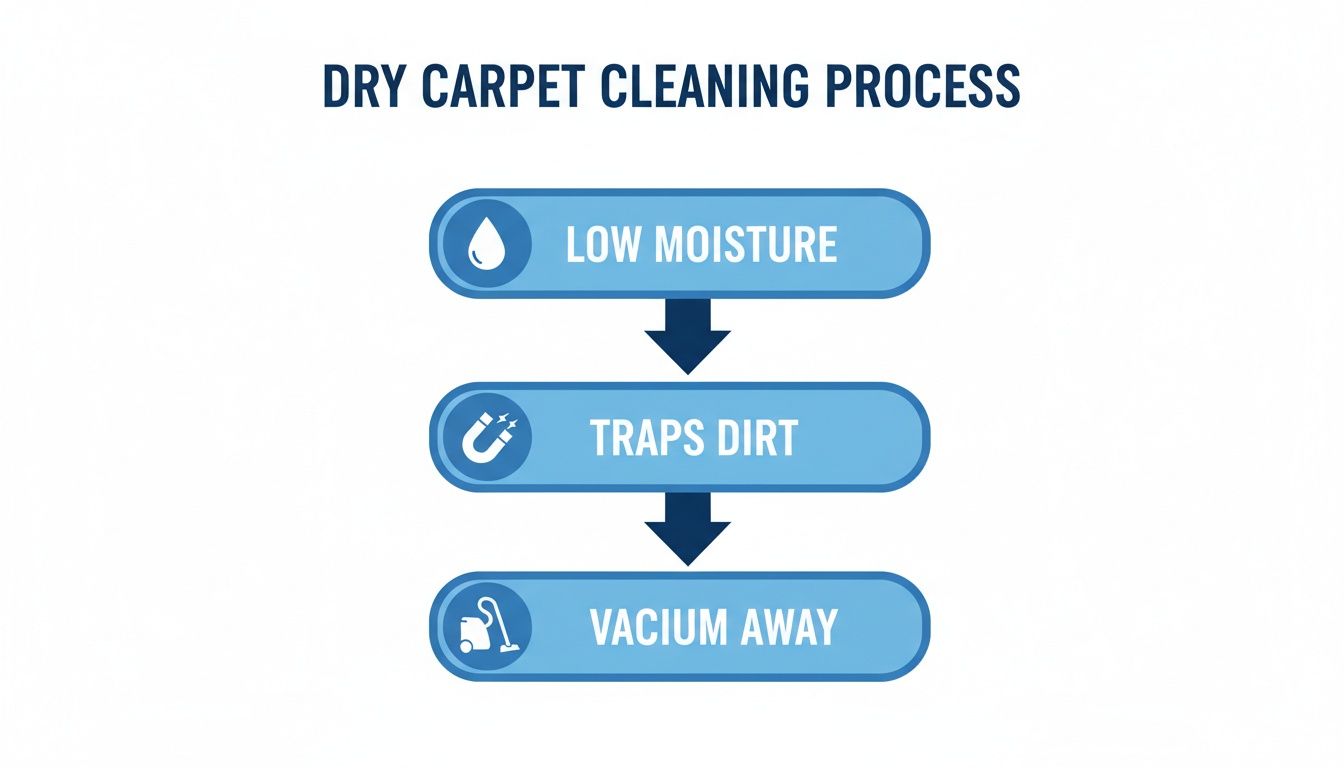 Flowchart illustrating the dry carpet cleaning process with steps: low moisture, traps dirt, and vacuum away.