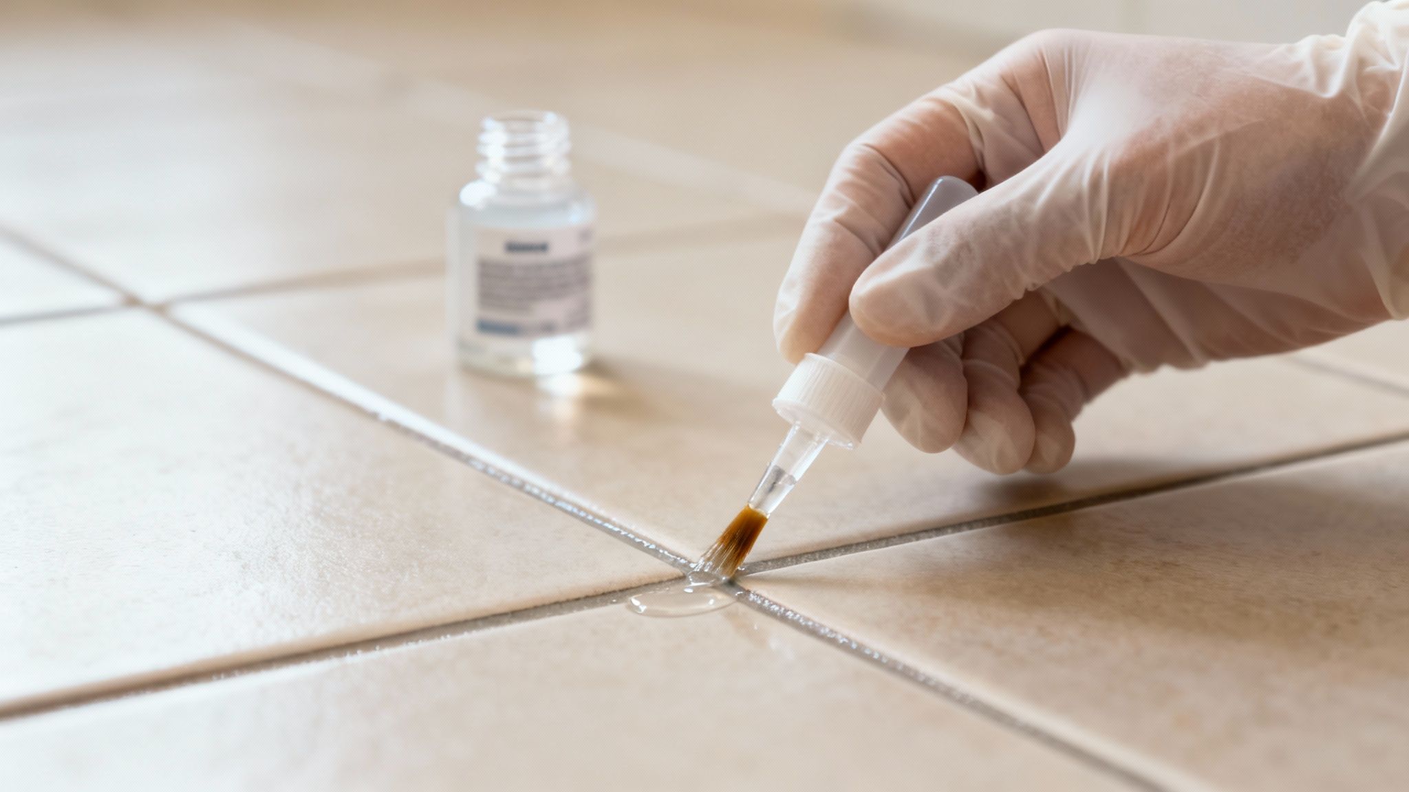 A gloved hand applies a clear liquid with a brush to seal floor tile grout lines.