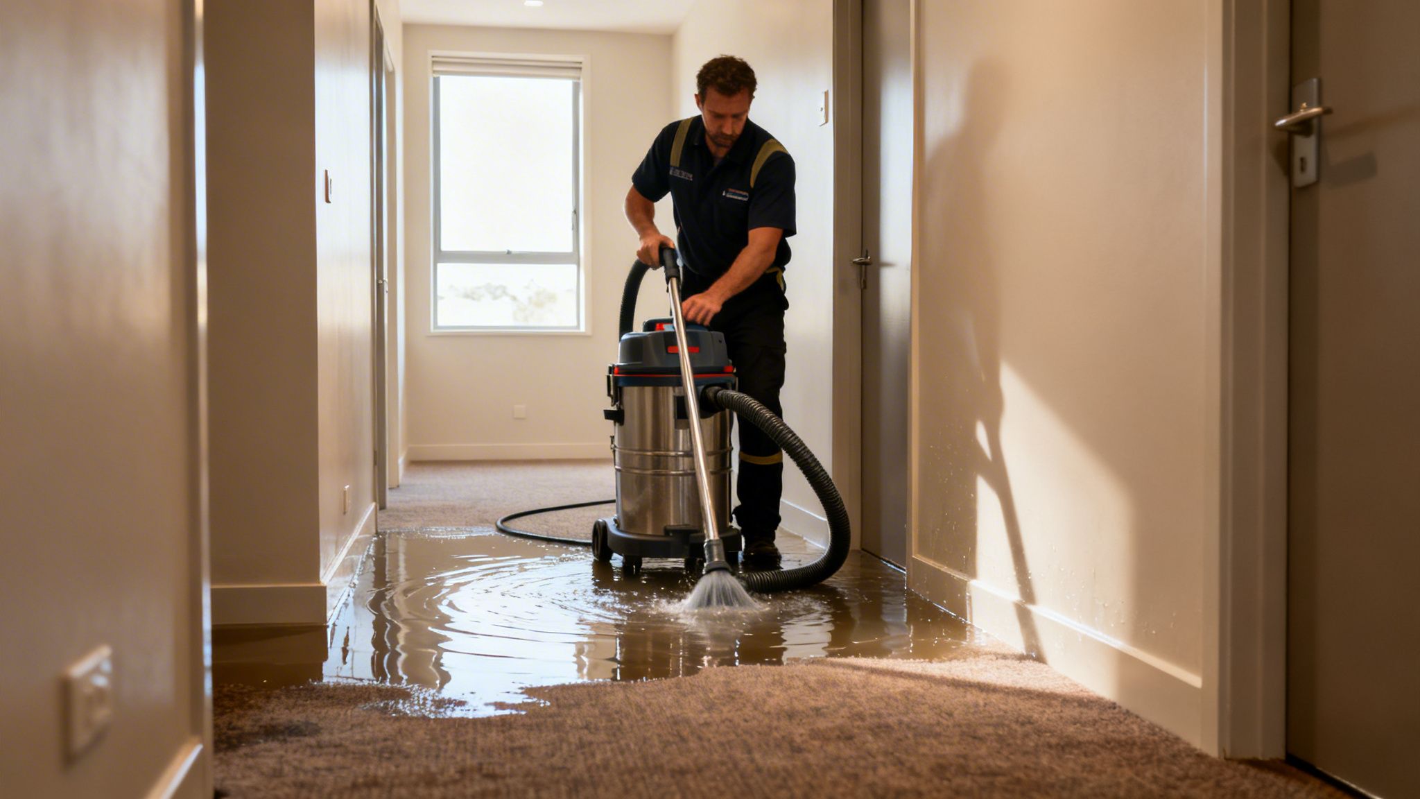 Professional cleaner extracts floodwater from a wet carpet in a hallway using a powerful vacuum.