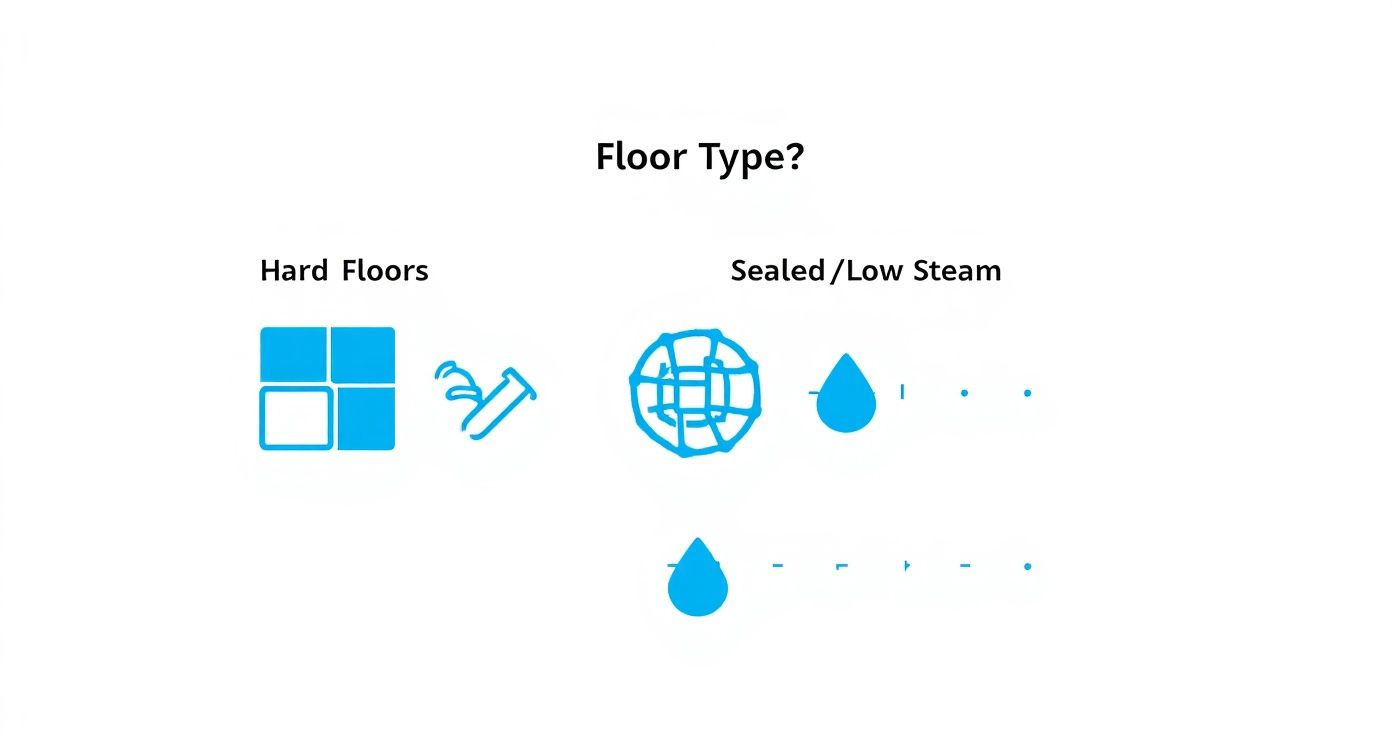 A graphic illustrating different floor types suitable for cleaning, categorized as hard floors and sealed/low steam.