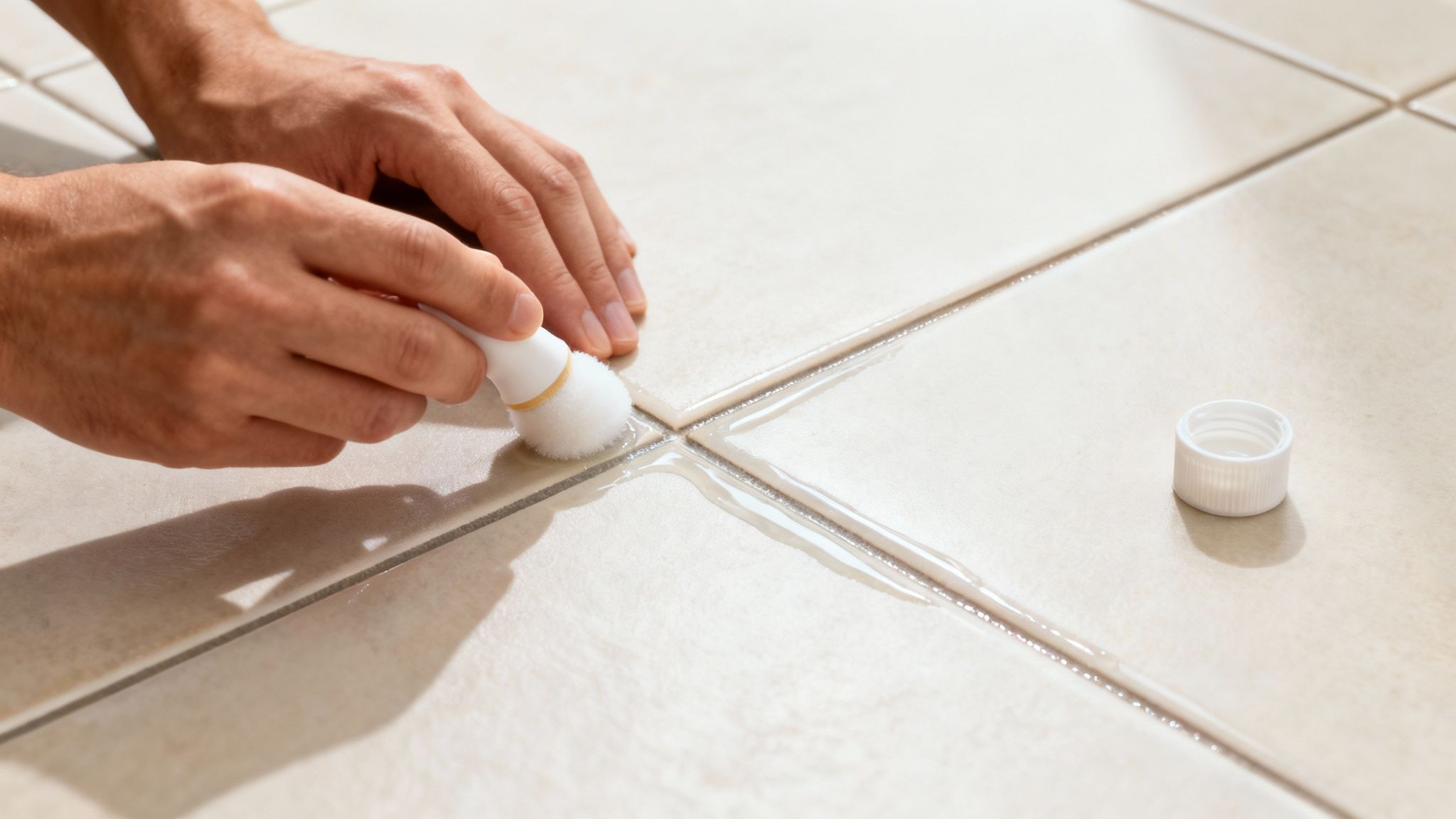 Close-up of hands cleaning light-colored tile grout with a small white brush and liquid.