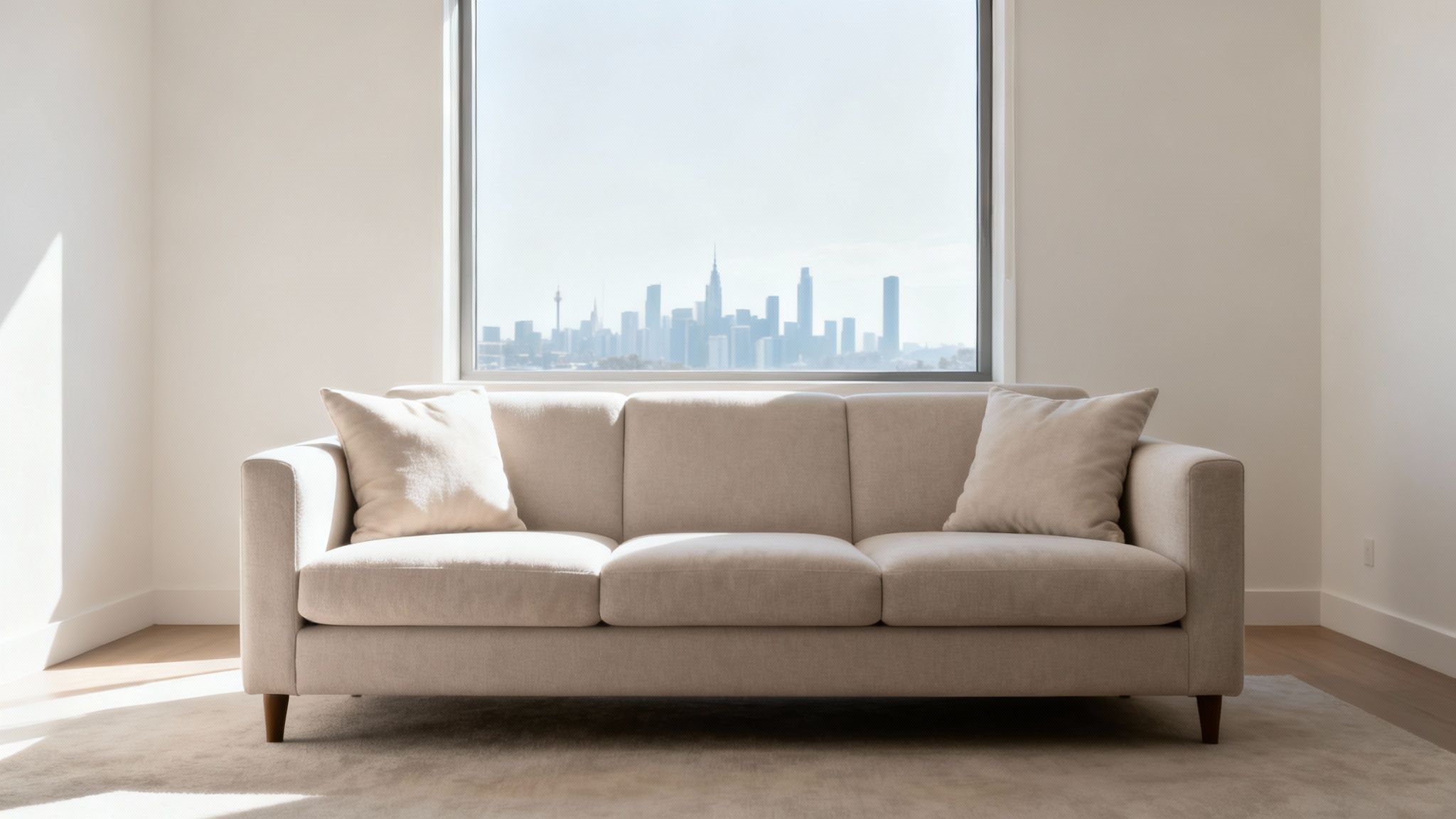 A modern beige three-seater couch with pillows in a bright room overlooking a city skyline.
