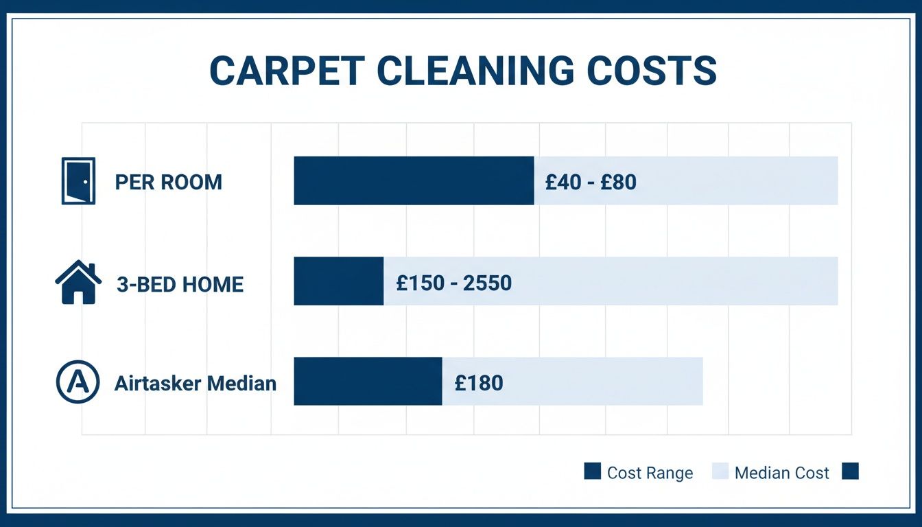 Bar chart displaying carpet cleaning costs: per room, 3-bed home, and Airtasker median.