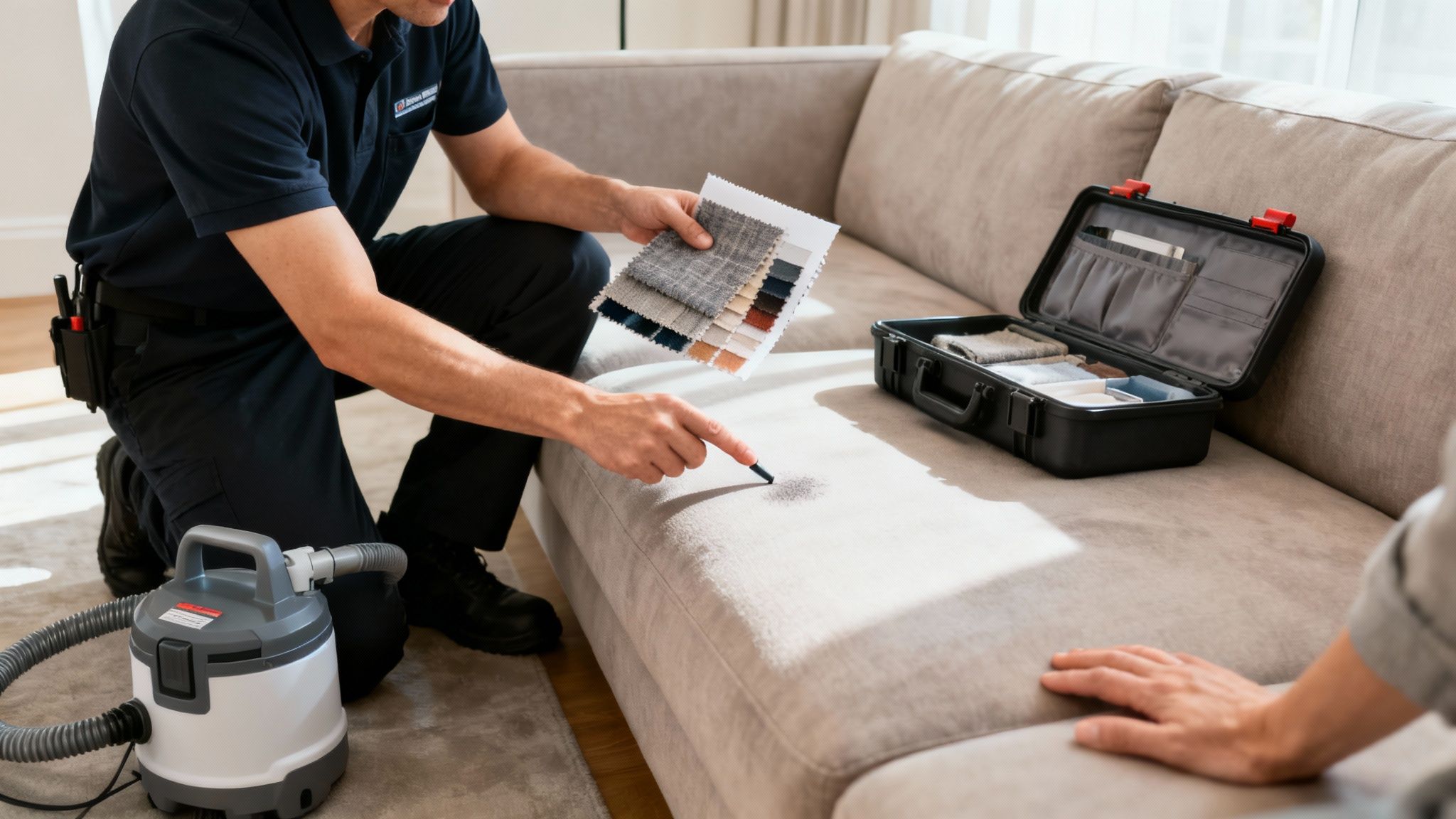 A professional cleaner assesses a stain on a beige sofa, showing fabric samples and a cleaning kit.