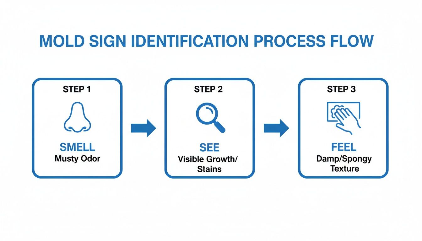 Three-step process flow for identifying mold signs: smell musty odor, see visible growth, and feel dampness.