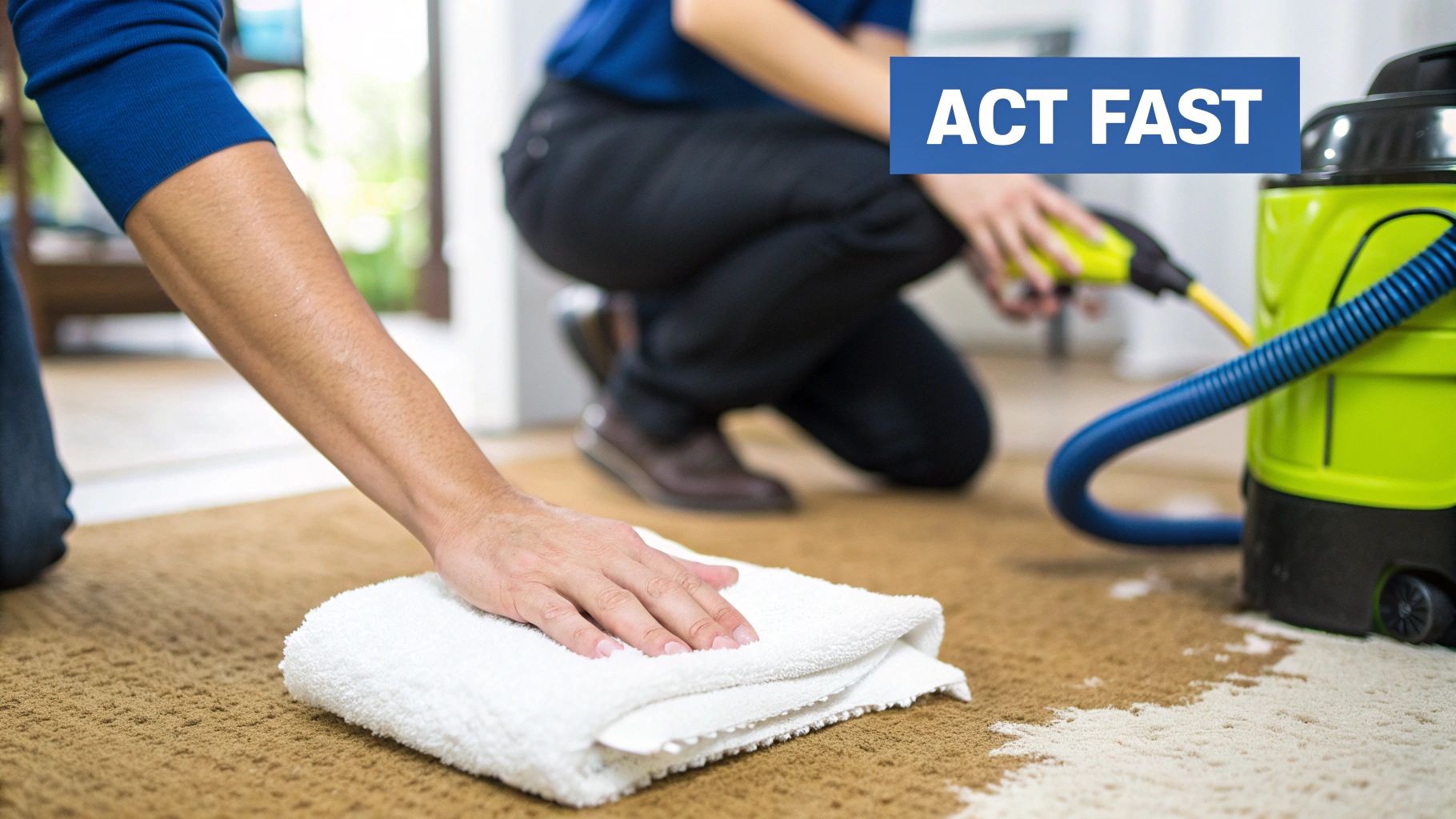 A person using a wet-dry vacuum on a wet carpet in a living room.