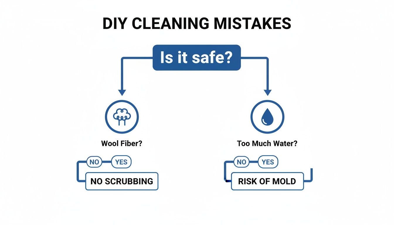 Flowchart illustrating common DIY cleaning mistakes, specifically regarding wool fibers and excessive water leading to mold.