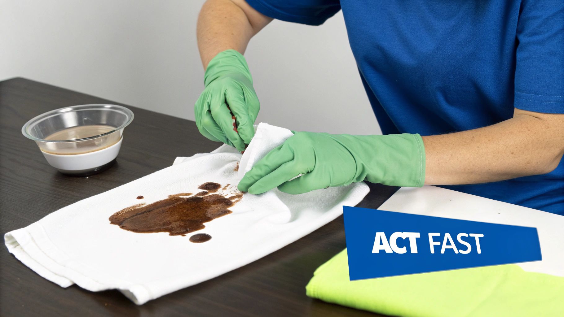A close-up of a chocolate stain being treated on a white t-shirt.