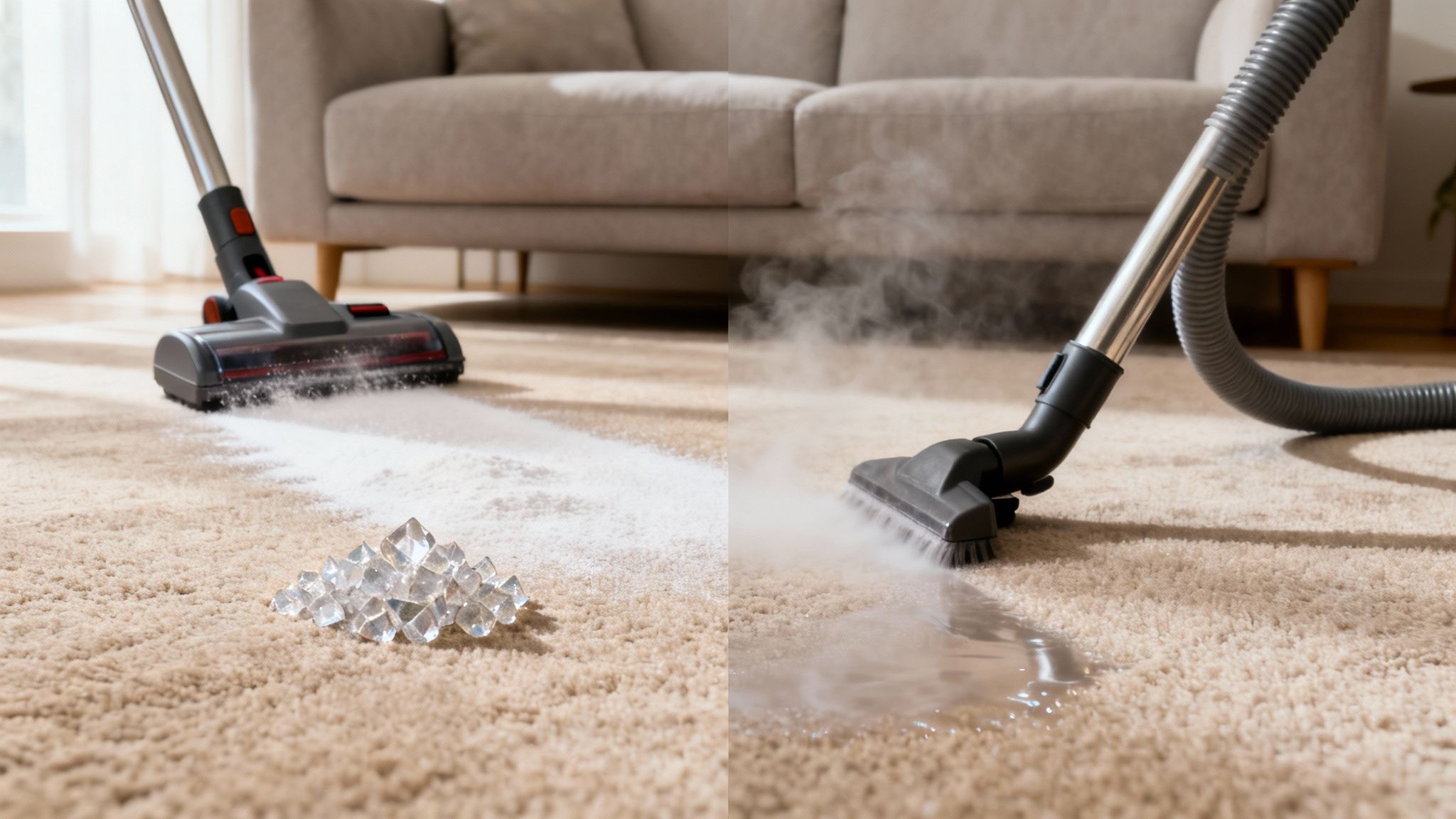 Split view of two carpet cleaning methods: dry vacuuming powder and steam cleaning a rug.
