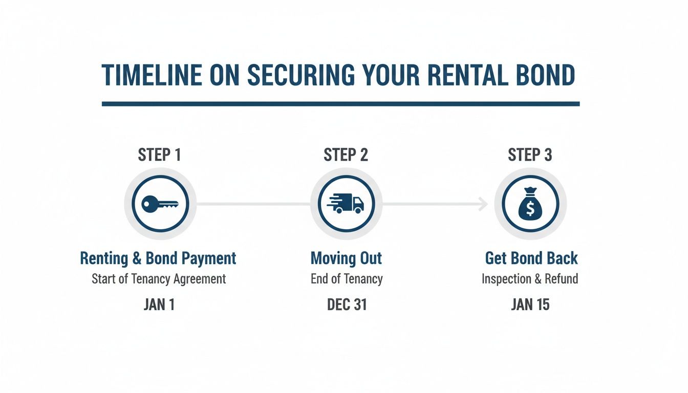 Timeline on securing your rental bond with steps: payment, moving out, and refund.