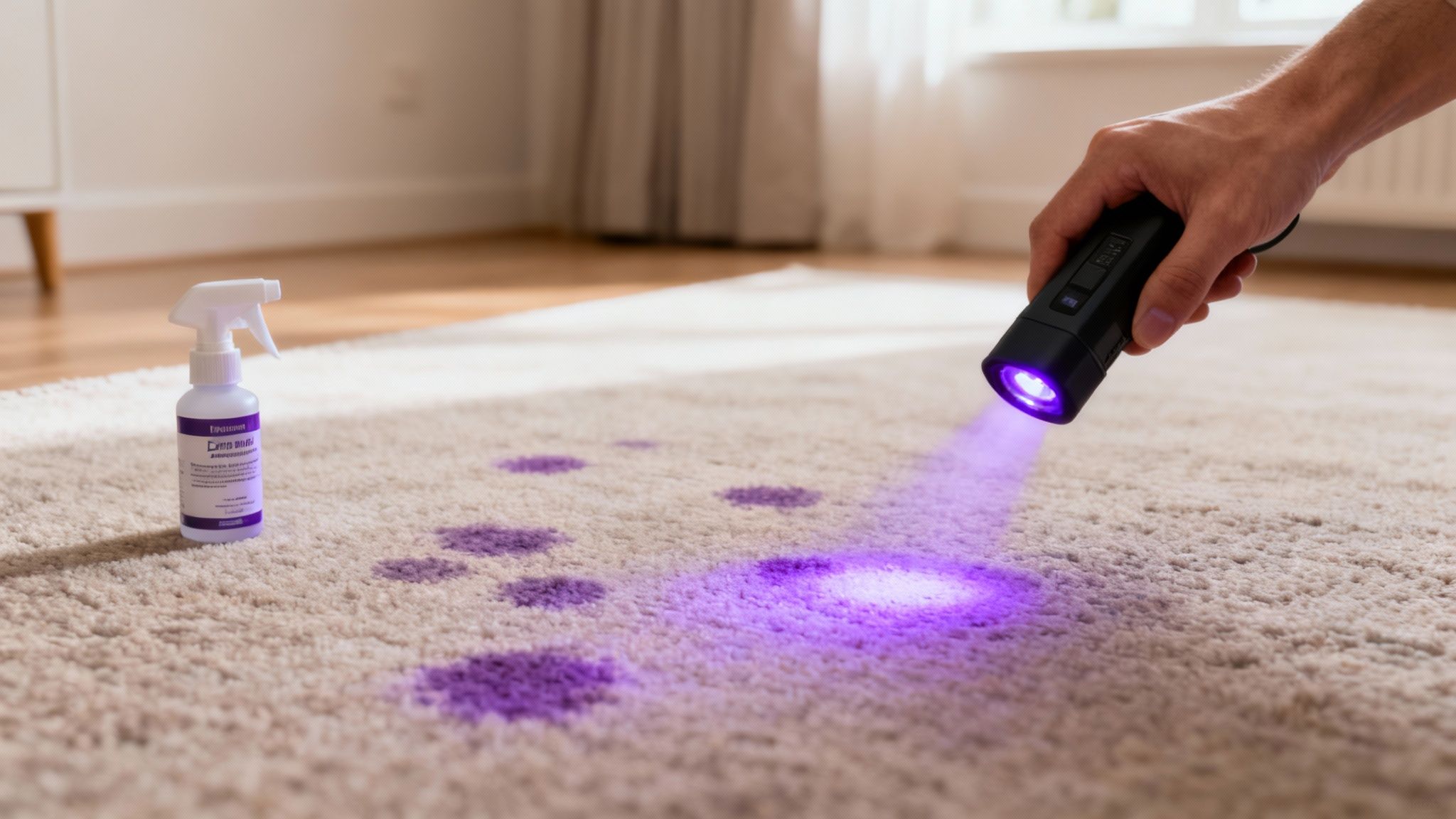 Hand holding a UV light revealing glowing pet urine stains on a beige carpet, with a cleaning spray bottle nearby.