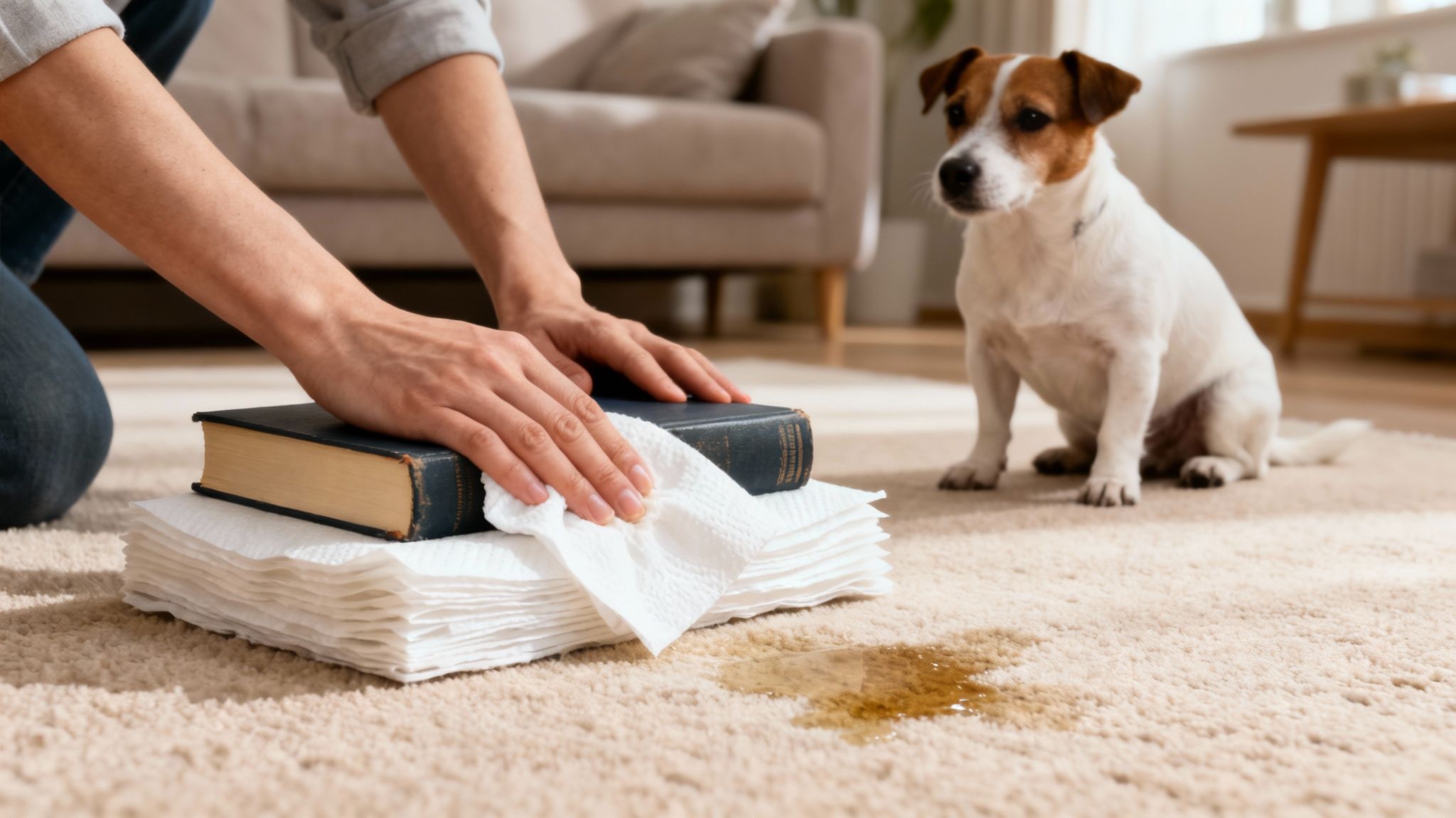 Person using a book and paper towels to blot a dog urine stain on a carpet, with a dog watching.