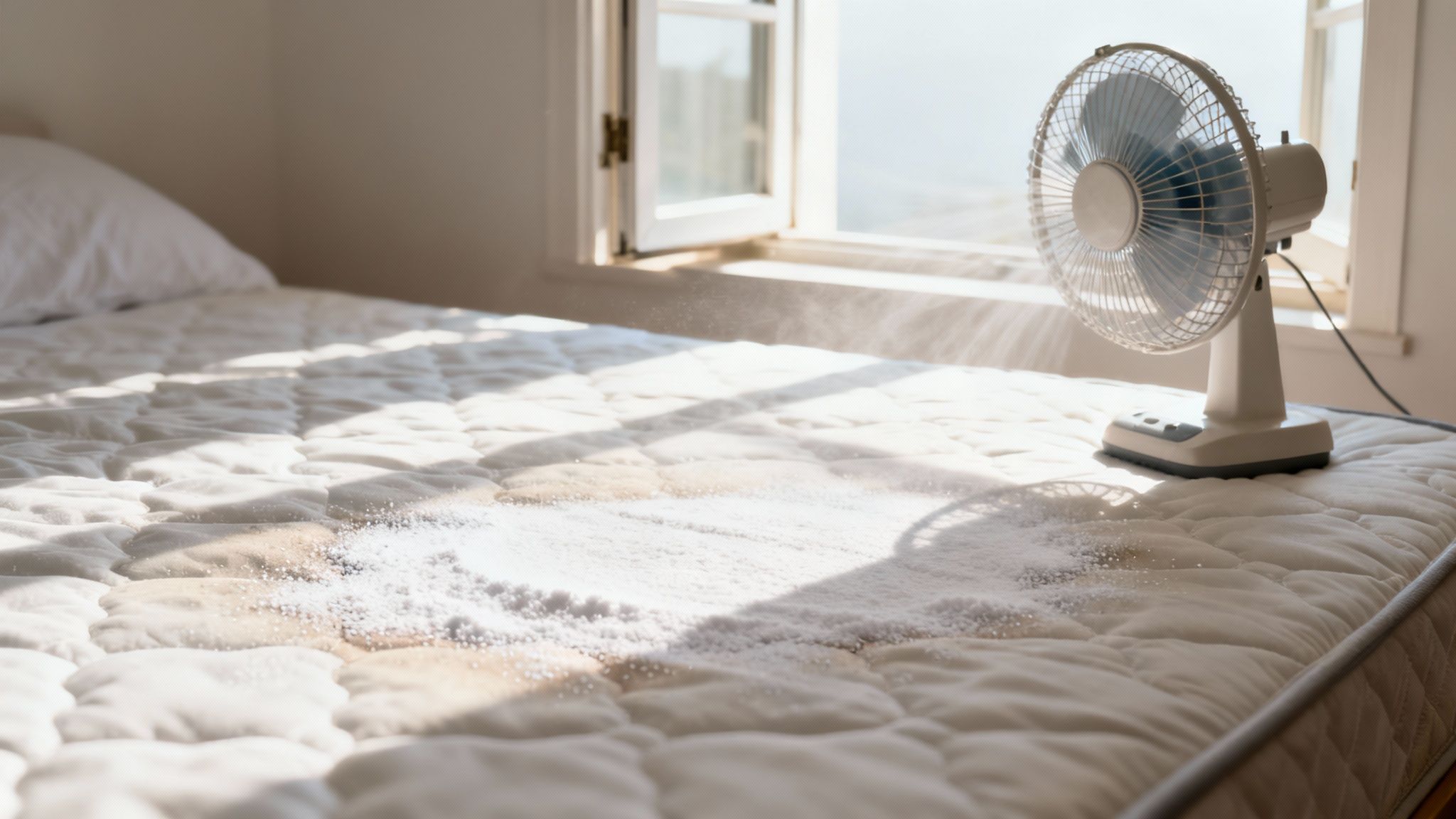 Baking soda and a fan on a stained mattress under sunlight, suggesting cleaning.