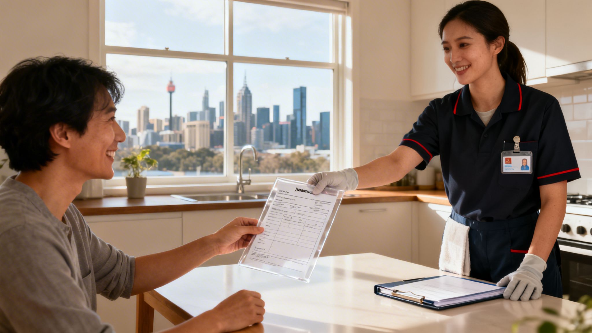Smiling woman in cleaning uniform and gloves hands paperwork to a happy man in a kitchen.