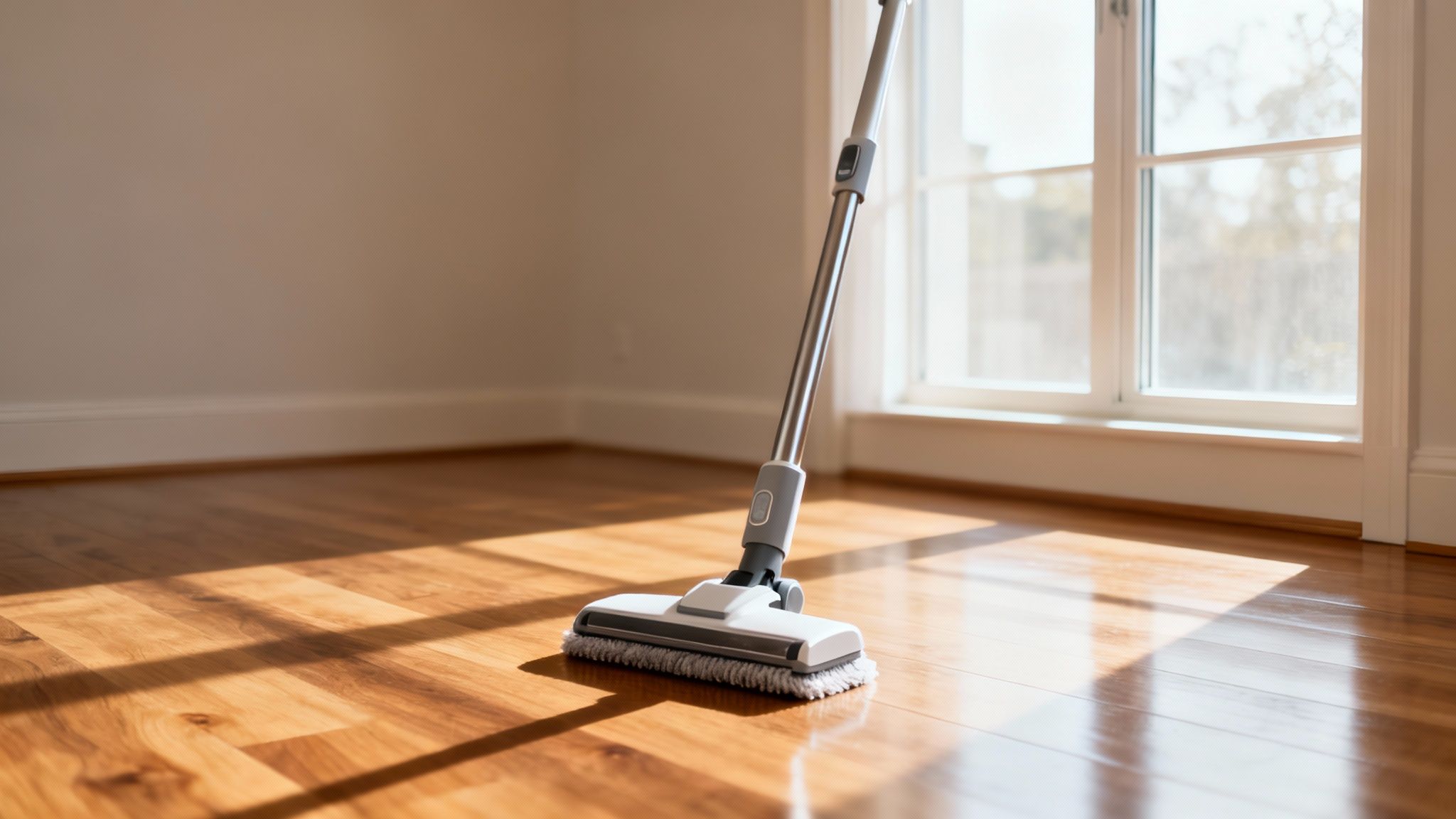 A modern grey and white steam mop on a polished wooden floor in a sunlit room.