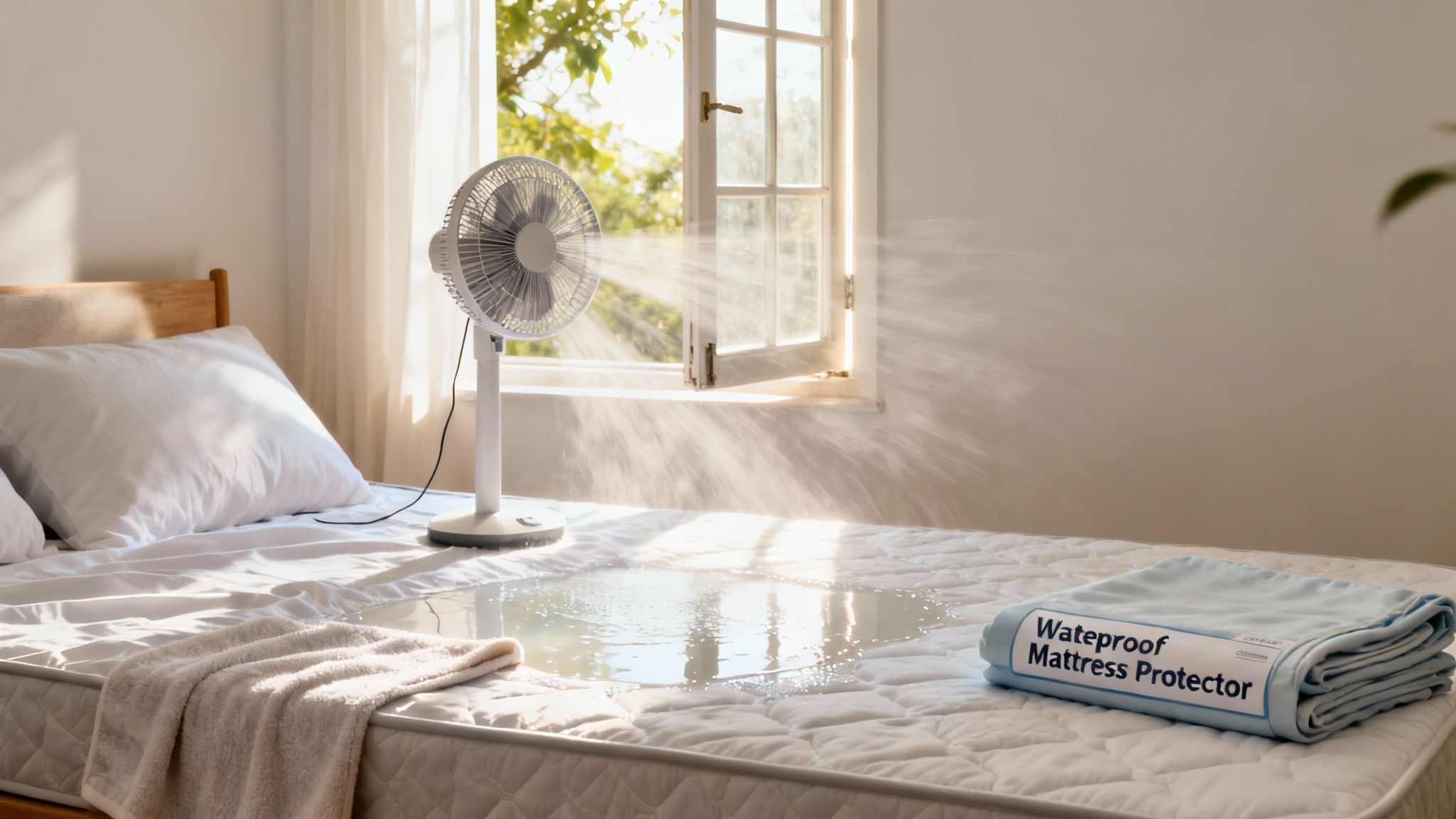 A fan blows on a wet mattress with a puddle of water, a waterproof mattress protector is folded nearby.