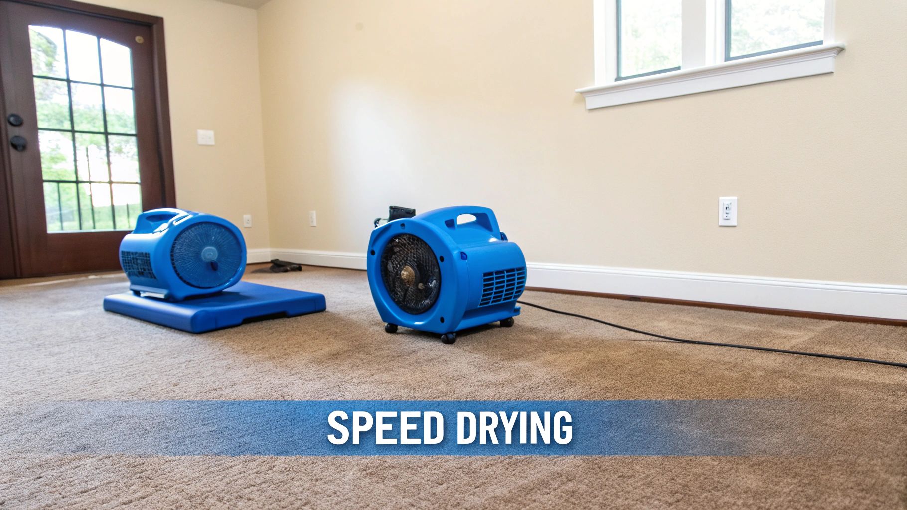 An industrial fan and a dehumidifier working together to dry a wet carpet in a room.