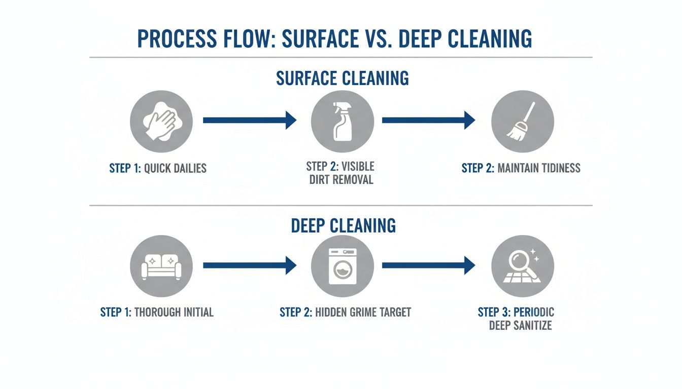 Process flow diagram illustrating surface vs. deep cleaning steps for effective maintenance and sanitation.