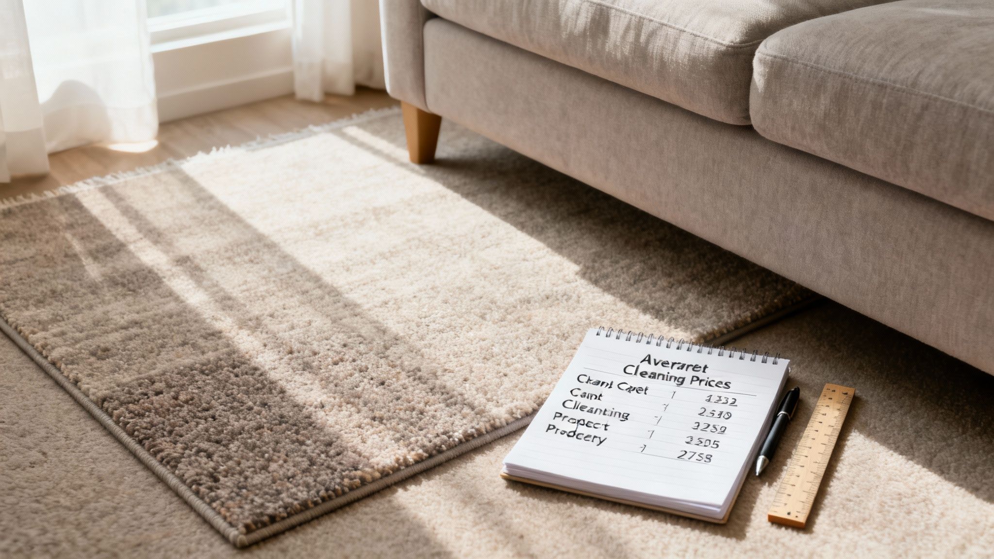 A notepad displaying cleaning prices rests on a textured rug beside a sofa, bathed in sunlight.