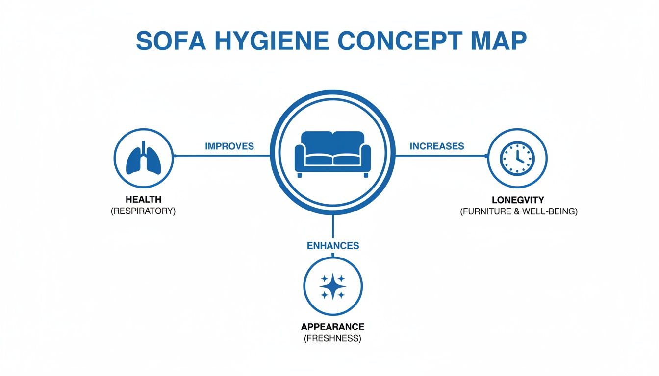 A concept map illustrating how sofa hygiene improves health, increases longevity, and enhances appearance.