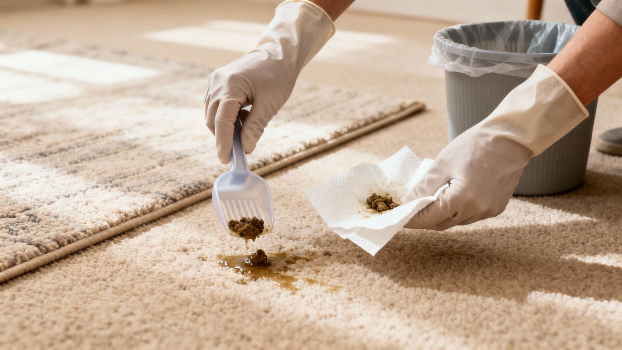 A person wearing gloves uses a scoop and paper towel to clean pet mess from a light carpet.