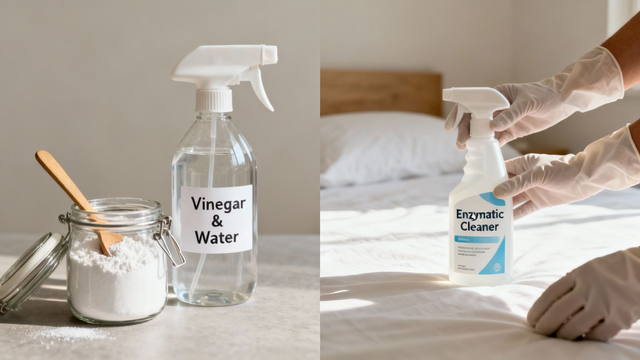 Natural cleaning ingredients like vinegar, water, and baking soda with an enzymatic cleaner.