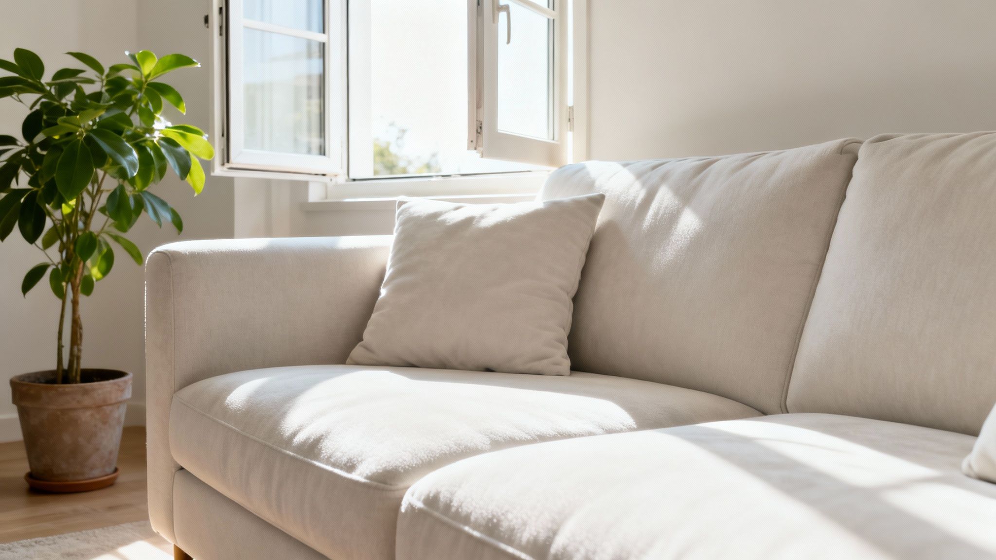 Sunlit living room with a light beige sofa, decorative pillow, and a potted plant by an open window.