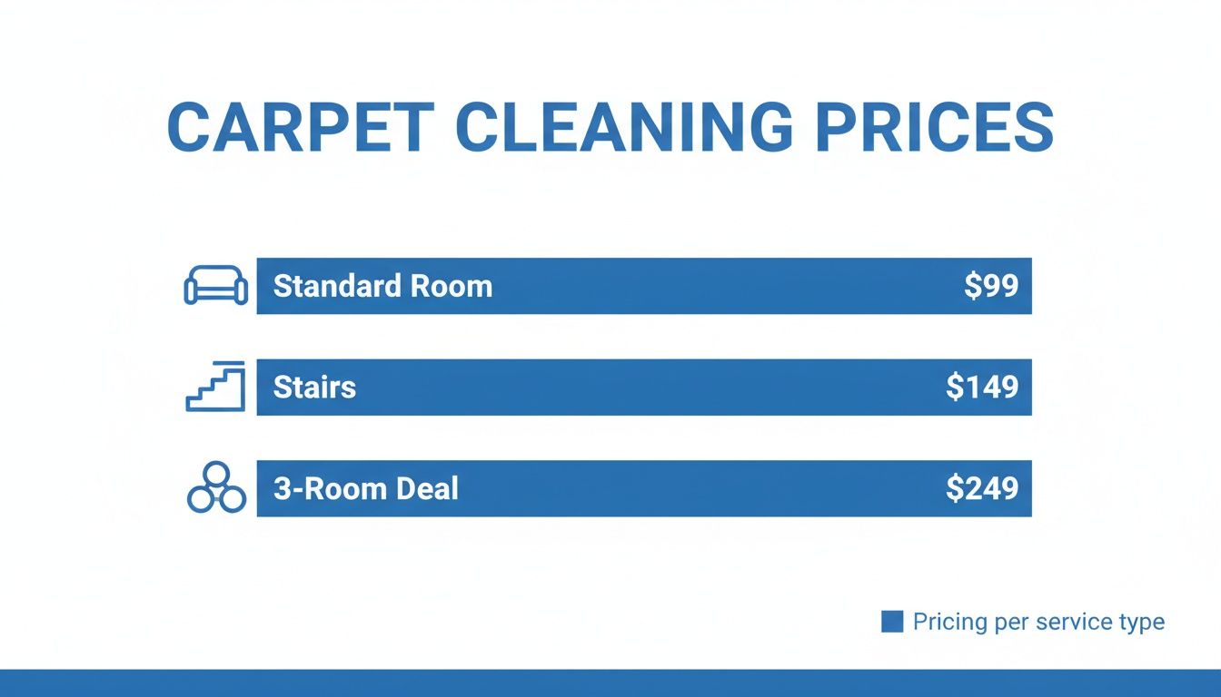 An infographic displaying carpet cleaning prices: Standard Room $99, Stairs $149, and a 3-Room Deal for $249.