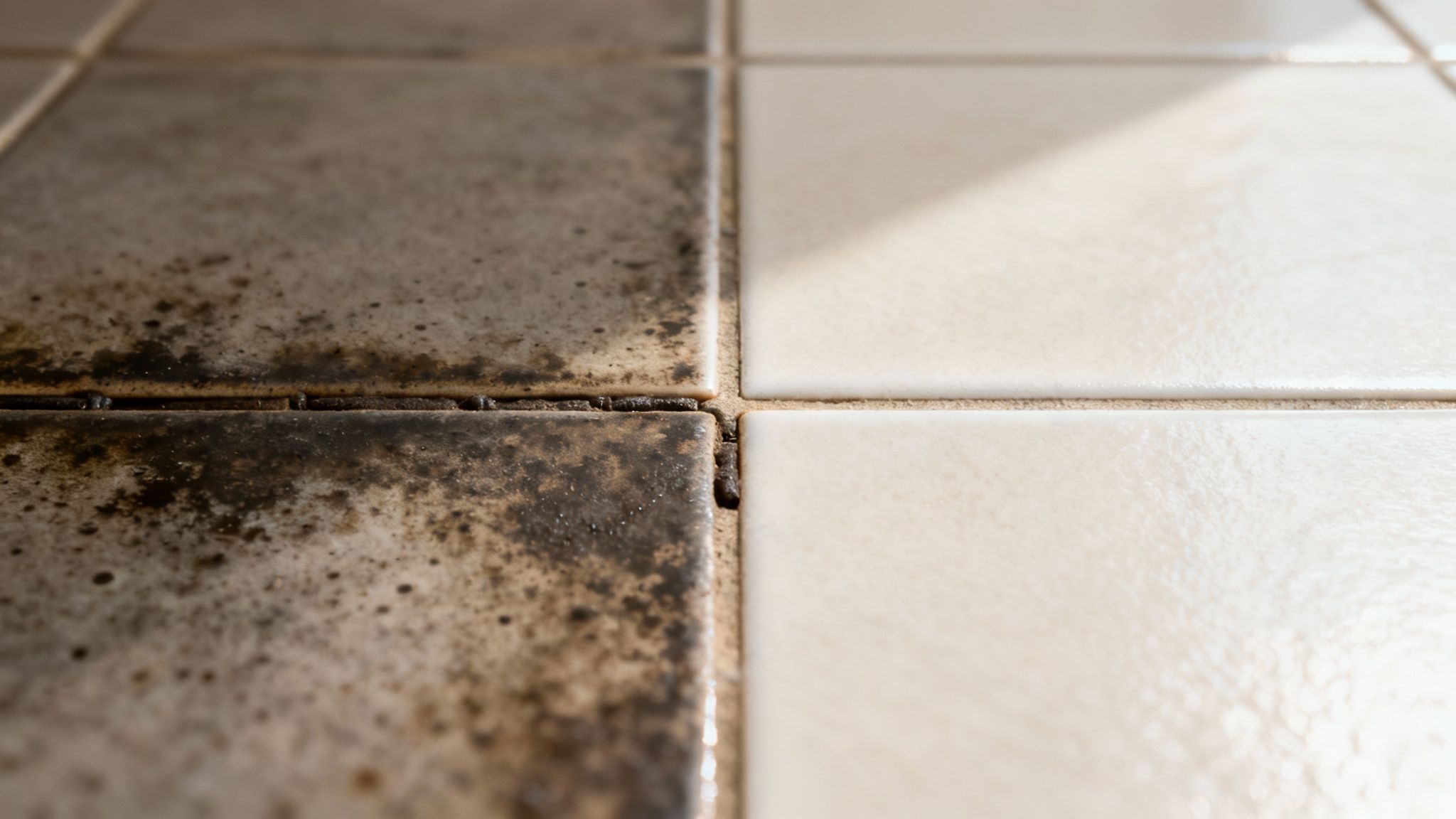 Close-up of floor tiles showing a distinct before and after cleaning effect on grout and tiles.