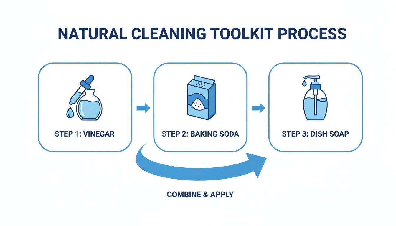 Infographic illustrating a three-step natural cleaning solution using vinegar, baking soda, and dish soap.