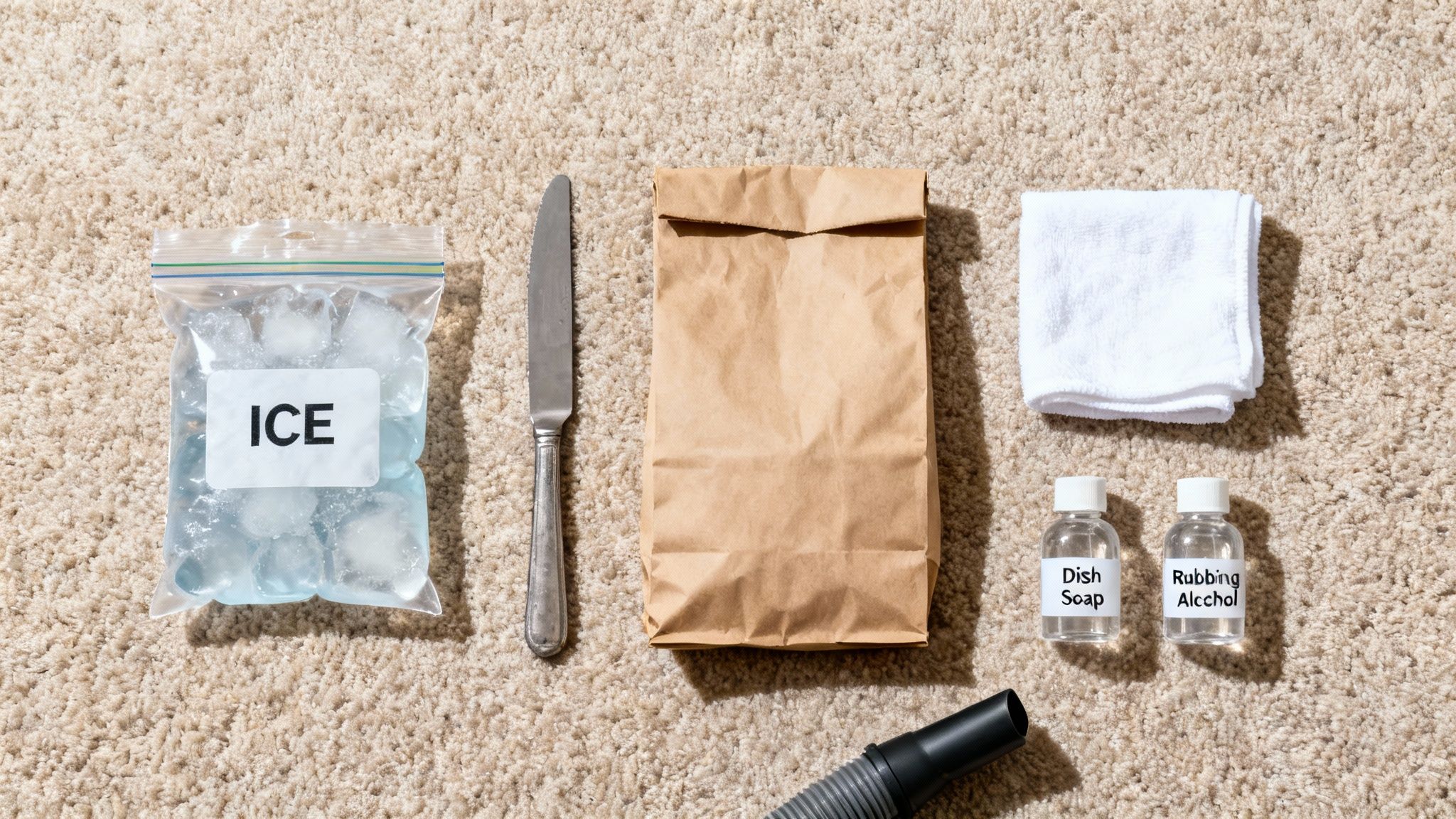 A flat lay of various items on a carpet, including ice, a knife, a paper bag, cleaning solutions, and a towel, for removing wax.