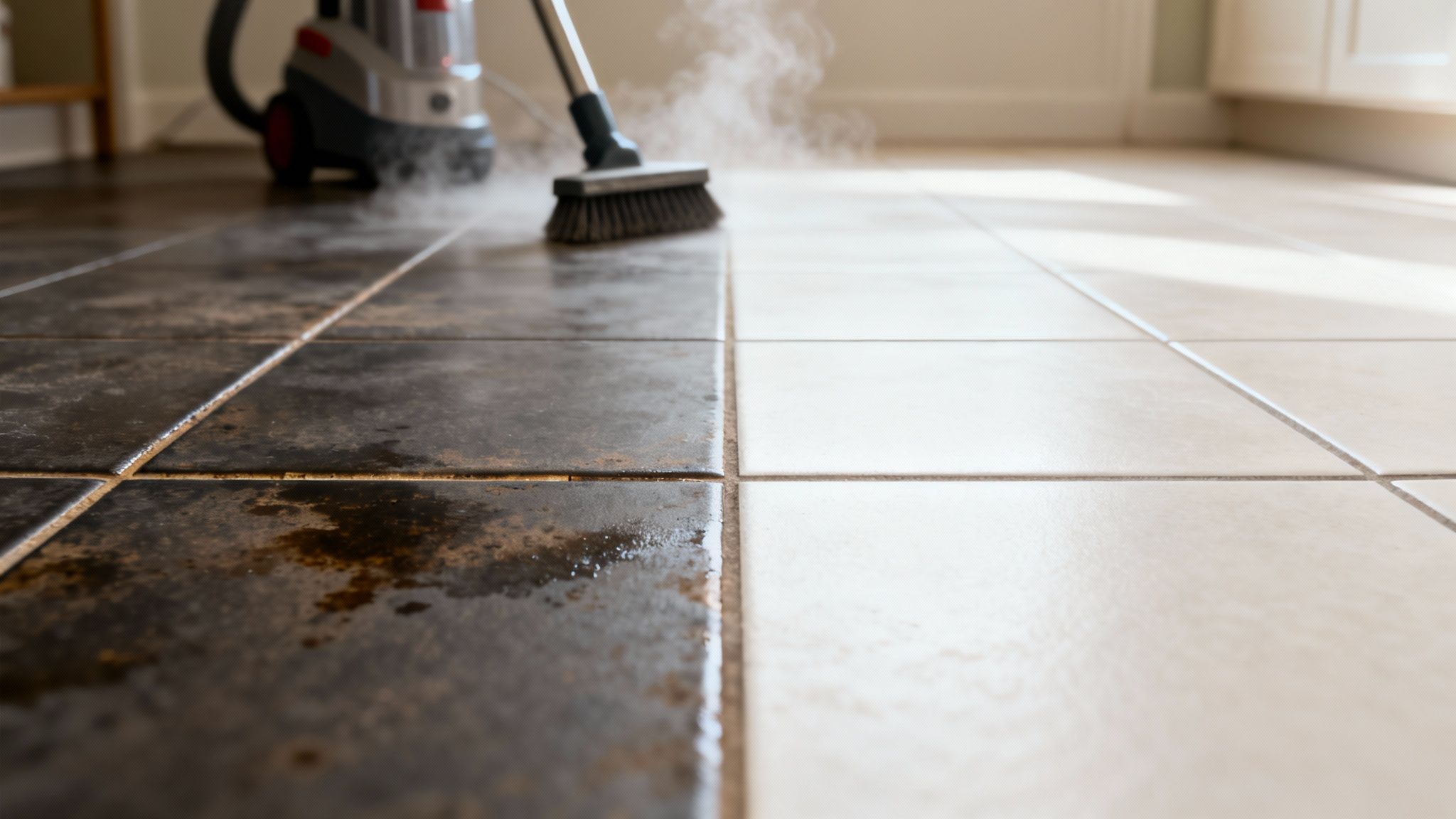 Before and after view of floor tiles and grout being steam cleaned to perfection.