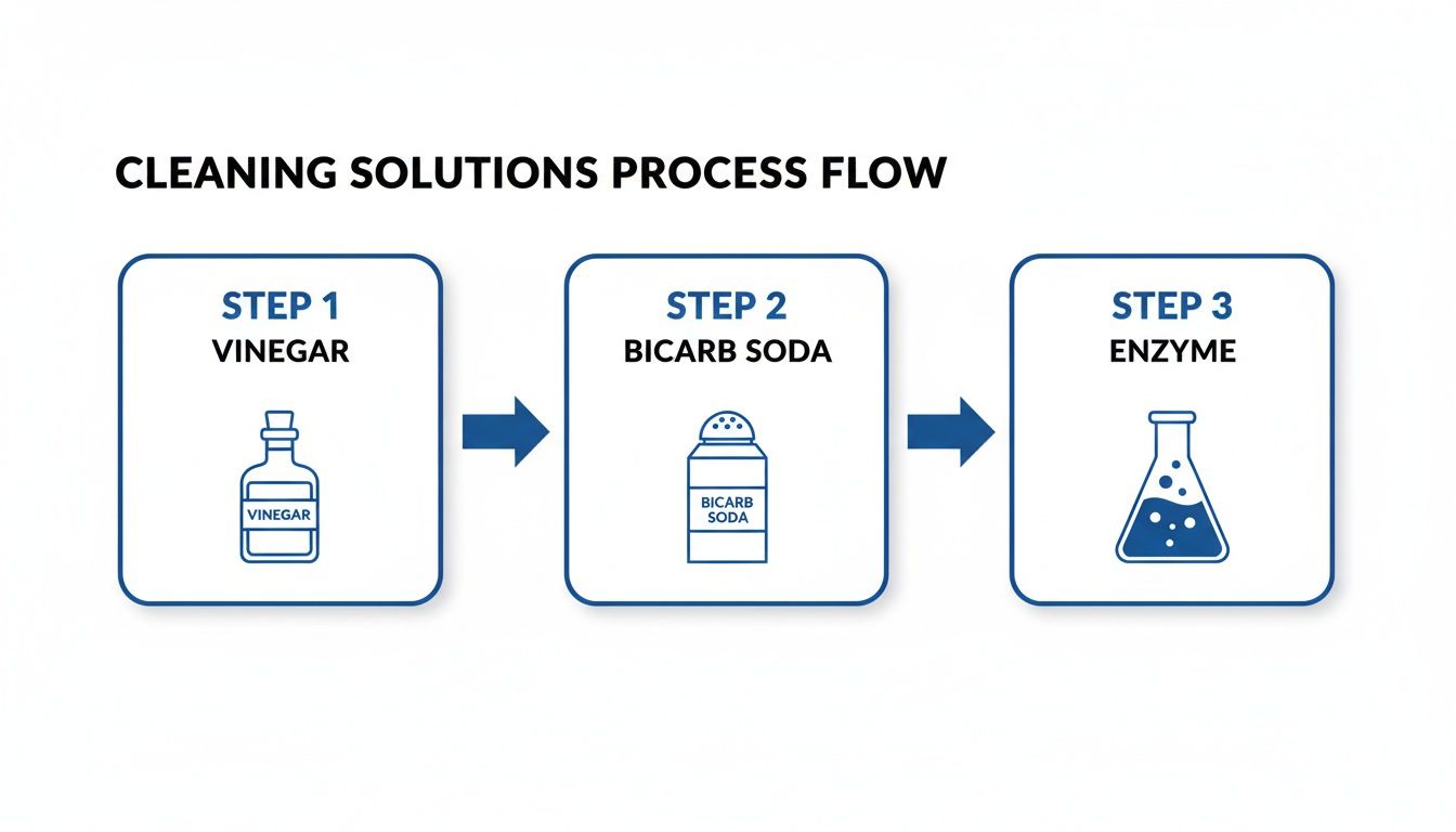 A three-step cleaning solutions process flow chart showing vinegar, bicarb soda, and enzyme in sequence.