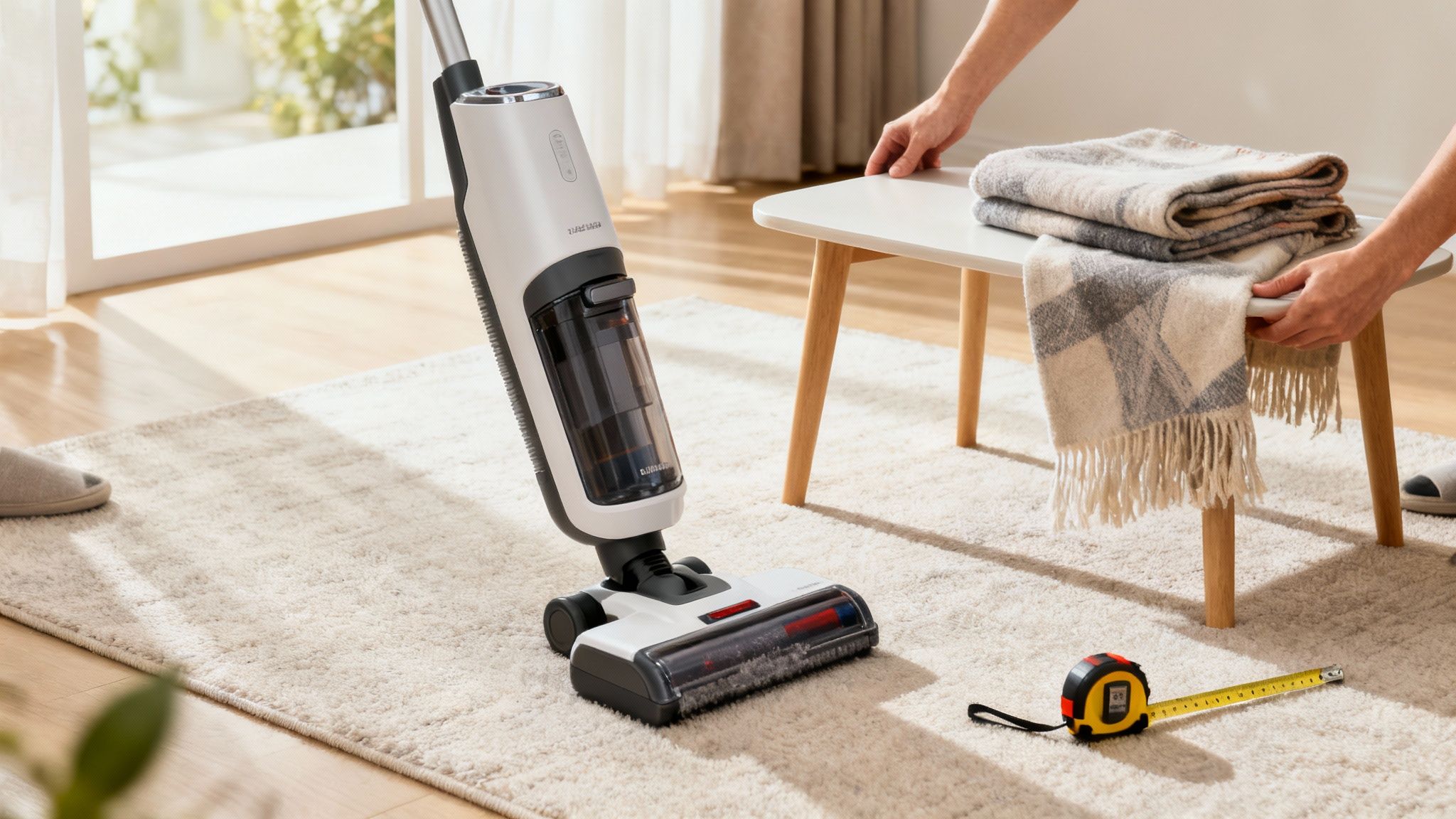 A person uses a cordless wet/dry vacuum cleaner on a light carpet in a sunny living room.