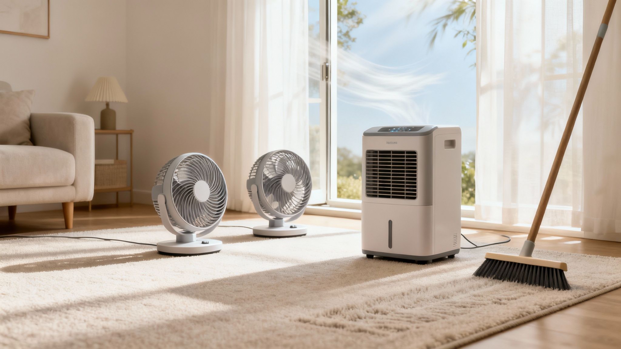 A bright living room with two floor fans, an air cooler, a sofa, and a broom on a rug.