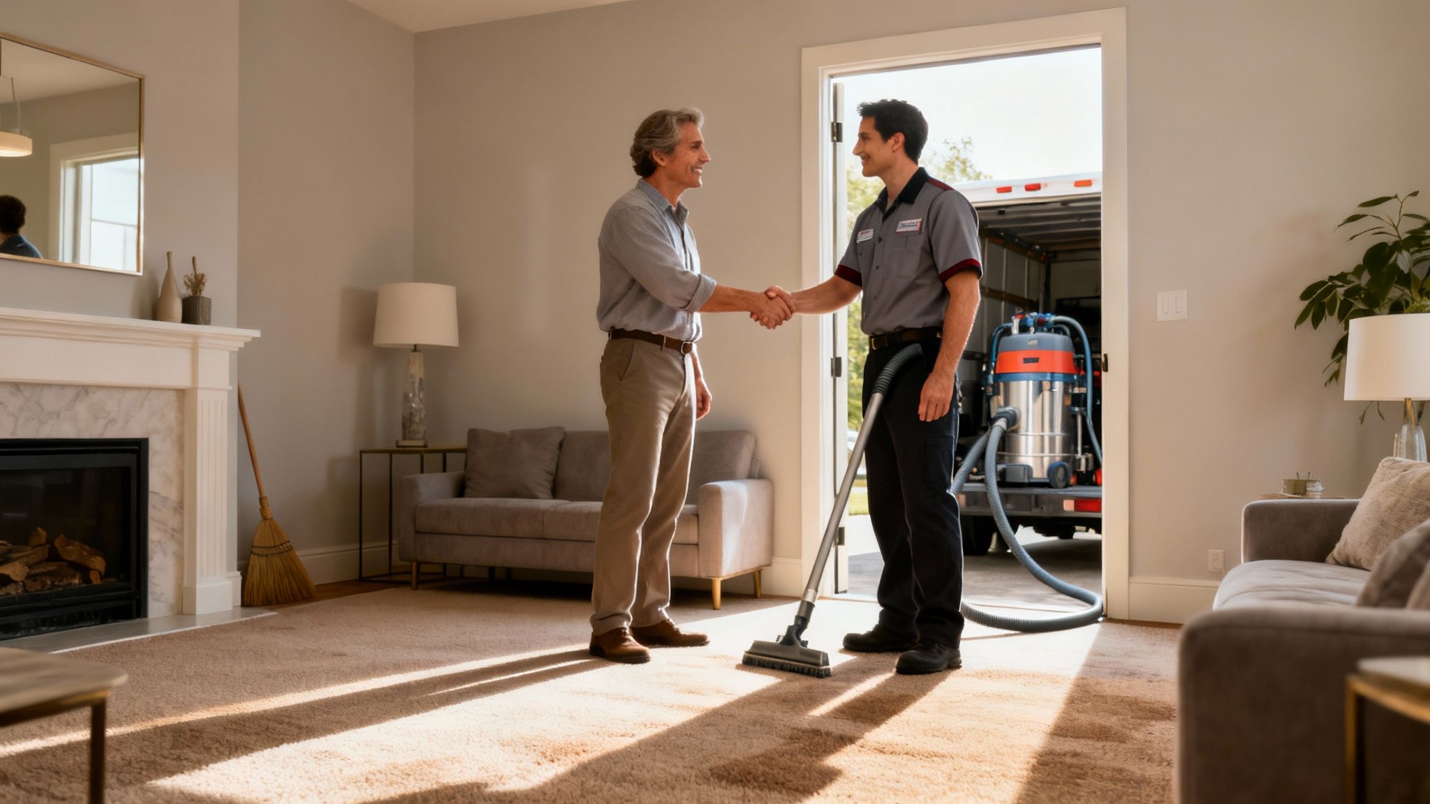 A professional carpet cleaner shakes hands with a homeowner in a bright living room.