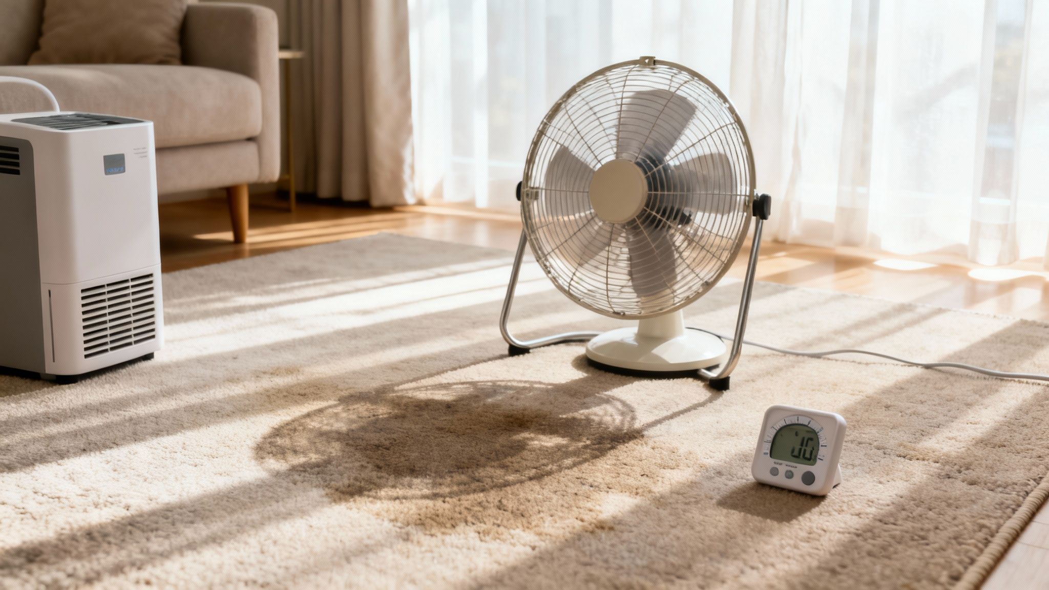 A dehumidifier, a fan, and a hygrometer on a carpeted floor, drying an area in a sunny room.
