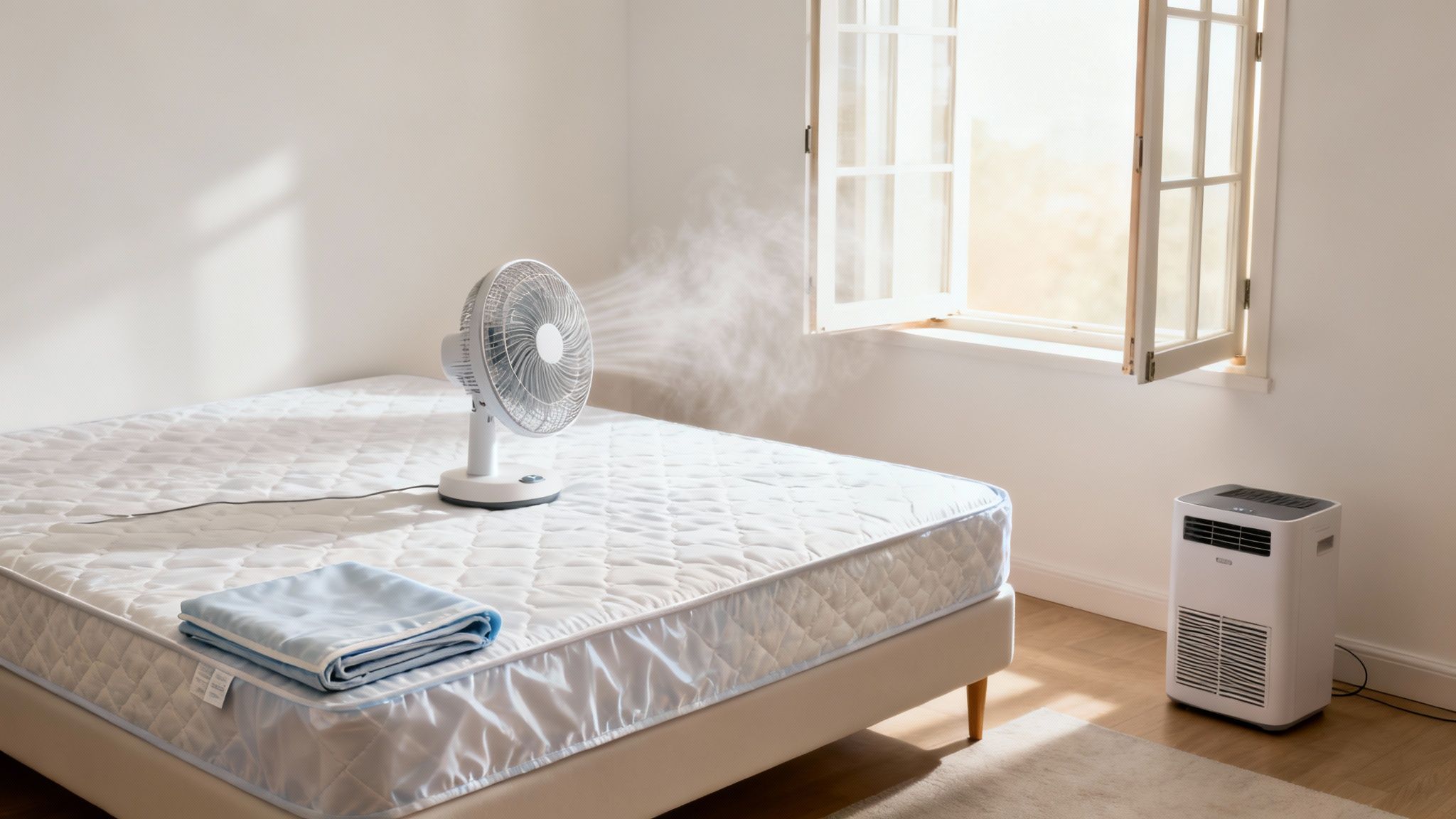 White fan drying a quilted mattress and blue blanket in a sunny room with open window.