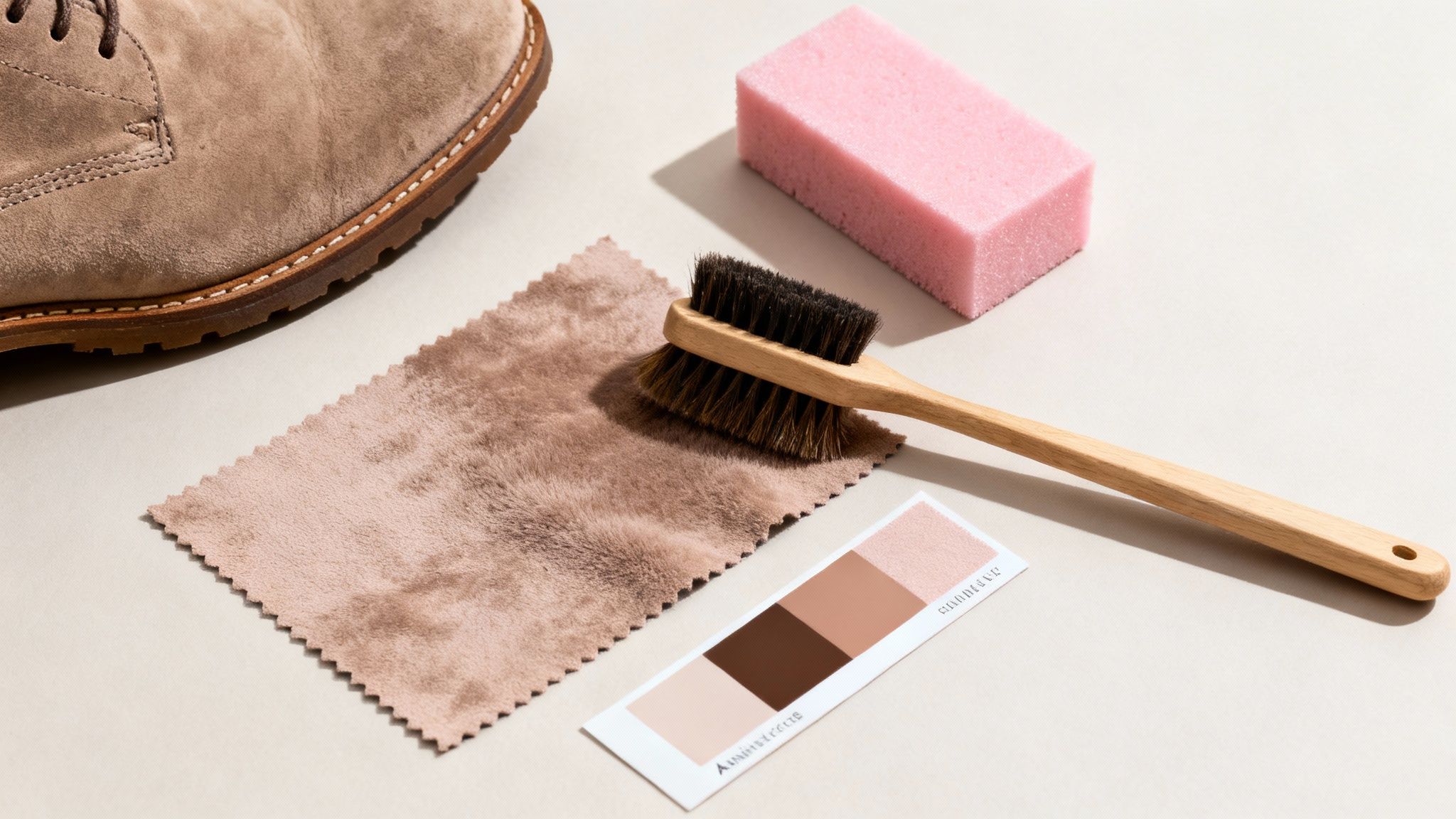 Suede shoe cleaning kit with a brush, pink sponge, cloth, and color swatch.